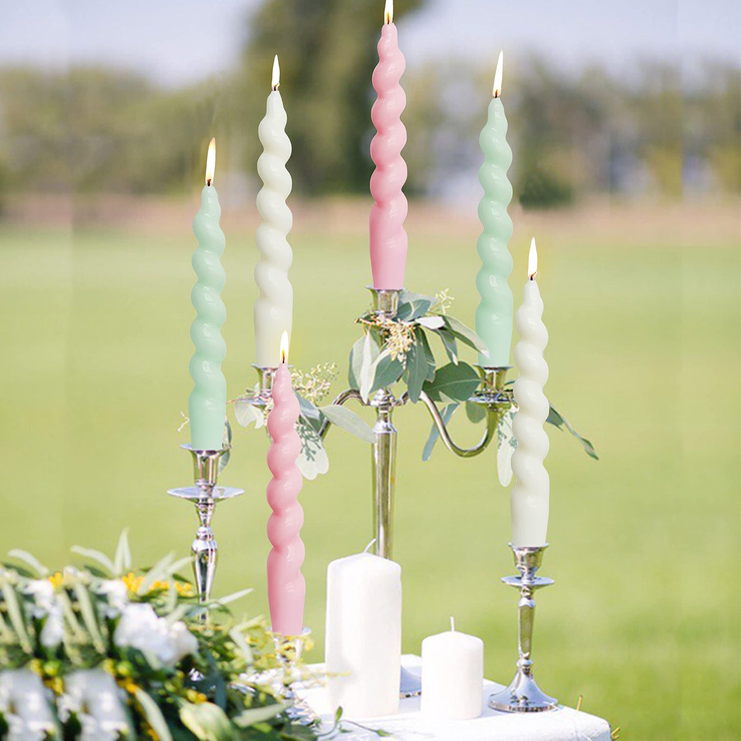 Spiral Taper Candles Set of 2 – 7.5 Inch Candle Stick, Light Green Handmade Twisted Candles Unscented Tapered Candles for Wedding Dinner Home Decor Gift
