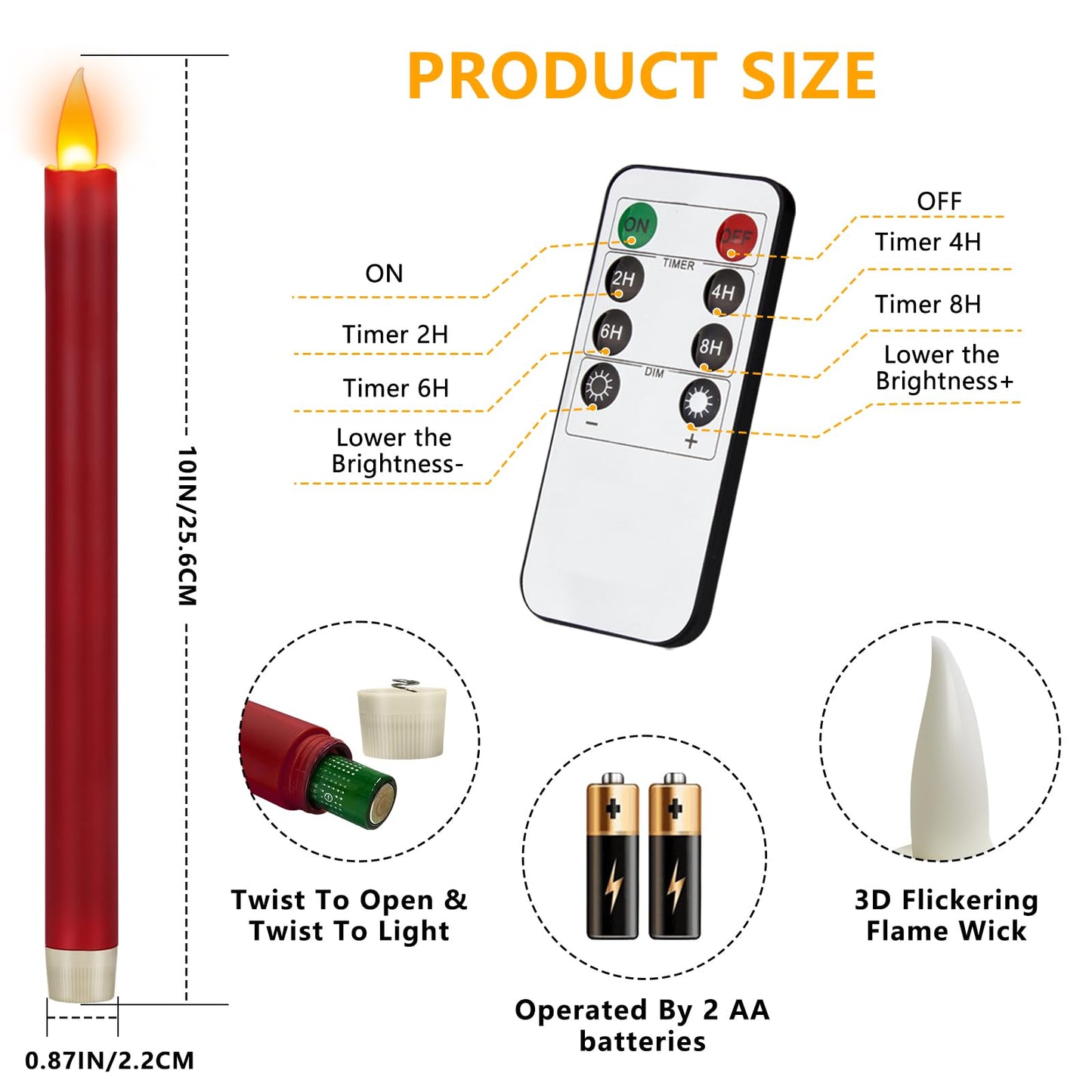 wemarry Flameless Taper Candles 10" Dripless Battery Operated Taper Candles Included Remote Timer 400+ Hours by 2AA Batteries for Halloween Christmas Wedding (Burgundy, 6 Pack)