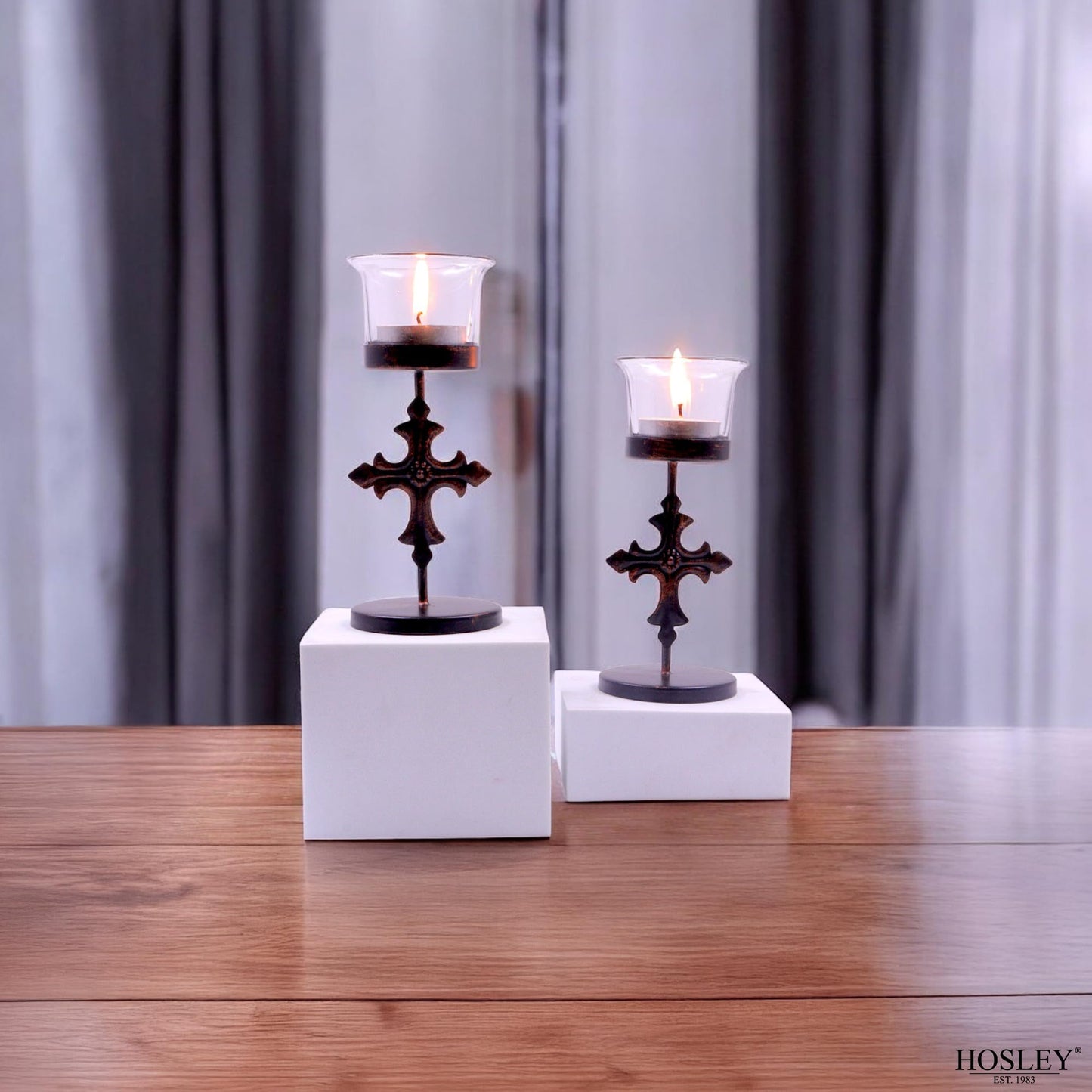 Hosley Set of 6 Black Metal & Glass Votive Candle Holders | Decorative Tea Light Holders for Home Decor, Wedding, Parties, and Dining Table Centerpieces