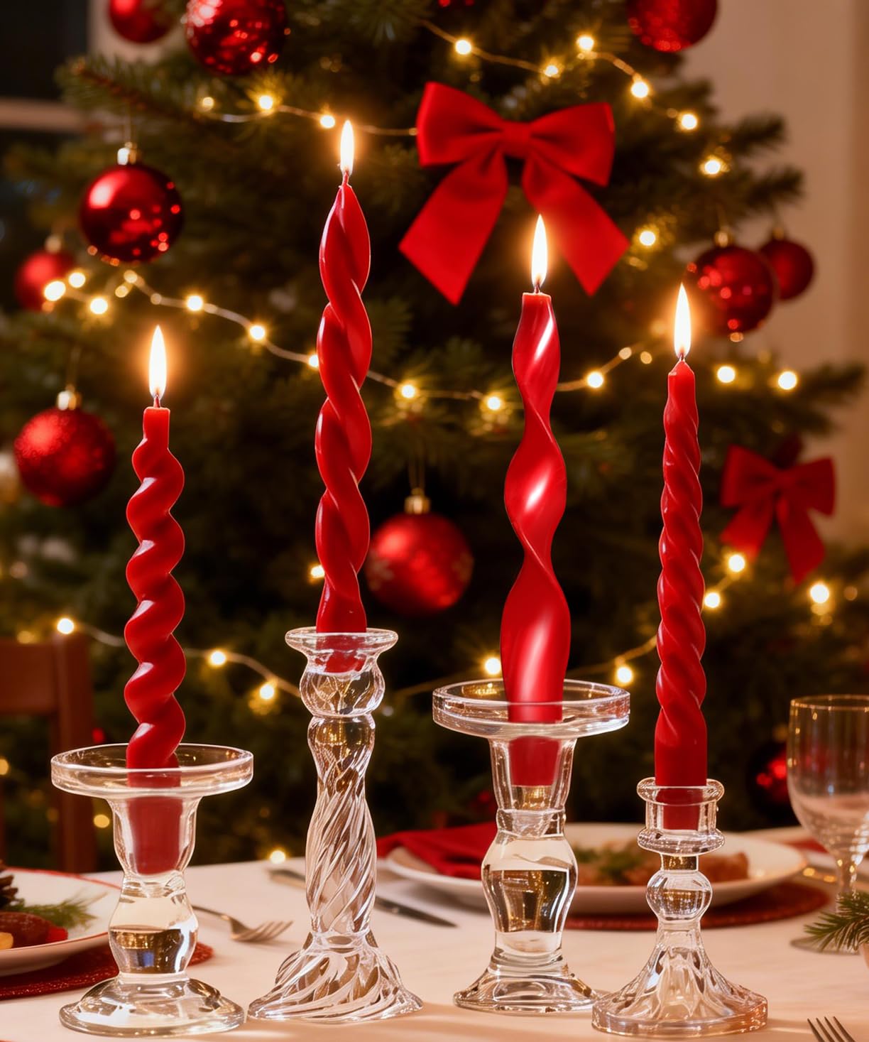 4 Pcs Red Taper Candles 7.87 Inch - Unique Twisted Spiral Christmas Candlesticks, Unscented Smokeless for Christmas, Valentine's, Wedding, Dinner Party & Home Decor