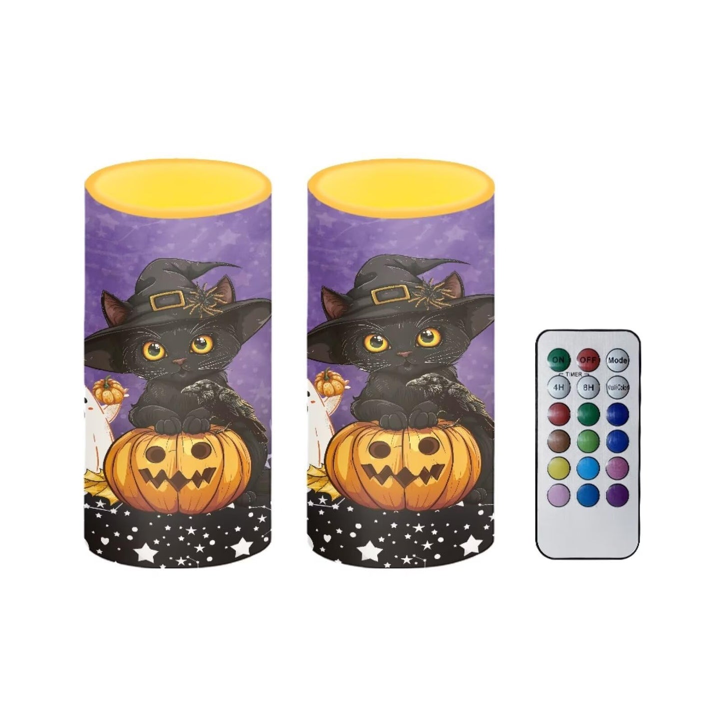 Luarisgur Halloween Flameless Candles with Remote, 2 Pack LED Battery Operated Candles for Halloween Party Multicolor Flameless Electric Pillar Candle with Black Cat Ghost