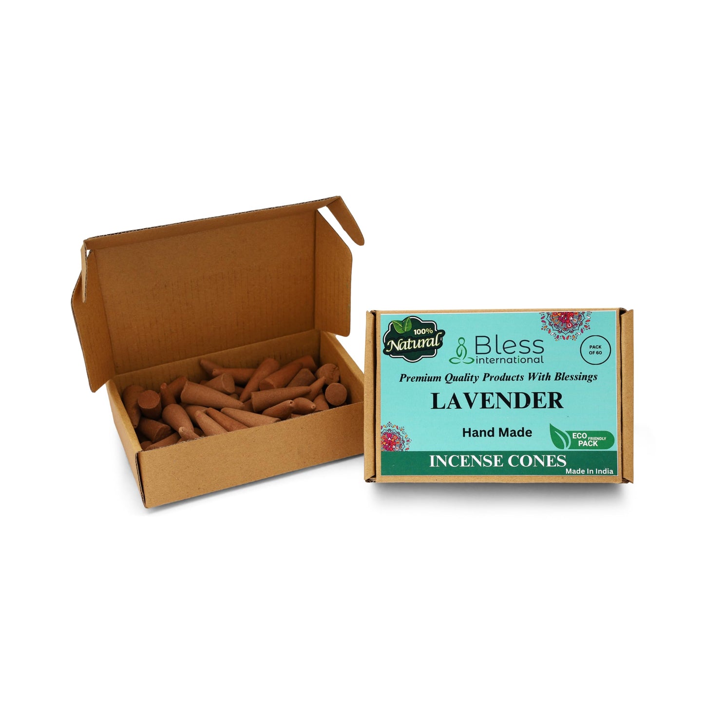 Bless International Lavender 100%-Natural-Incense-Cones Handmade-Hand-Dipped Organic-Chemicals-Free for-Purification-Relaxation-Positivity-Yoga-Meditation The-Best-scents (60 Count)