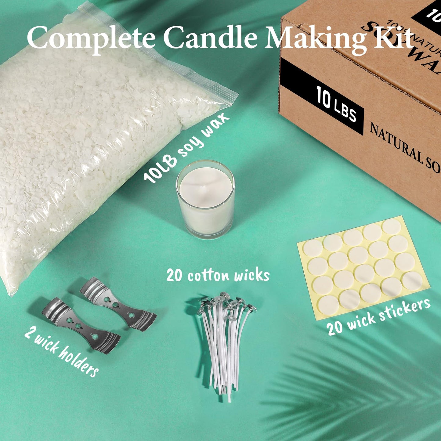 SAEUYVB Natural Soy Candle Wax for Candle Making, 10lb Bag, Premium Soy Wax Flakes, 20 Cotton Candle Wicks, 20 Wick Stickers and 2 Centering Devices ﻿