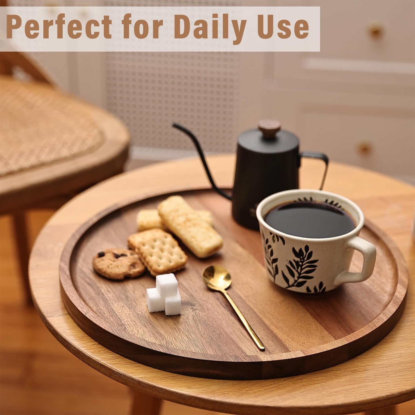 Round Wooden Serving Tray, 13.8 Inch Acacia Decorative Tray for Home Decor, Coffee Table, Farmhouse Style Wood Tray for Small Candle, Vases, Jewelry Organizer, Home Kitchen Dining Tabletop Decor