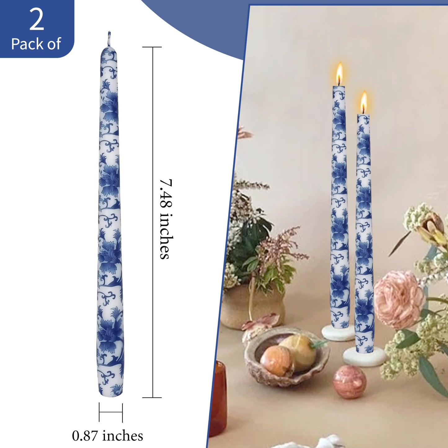 Blue and White Printed Candles Unscented Candlesticks 10 inch Hight Candle 2 PCS Handmade Taper Candle for Home Wedding Dinner Holiday Party