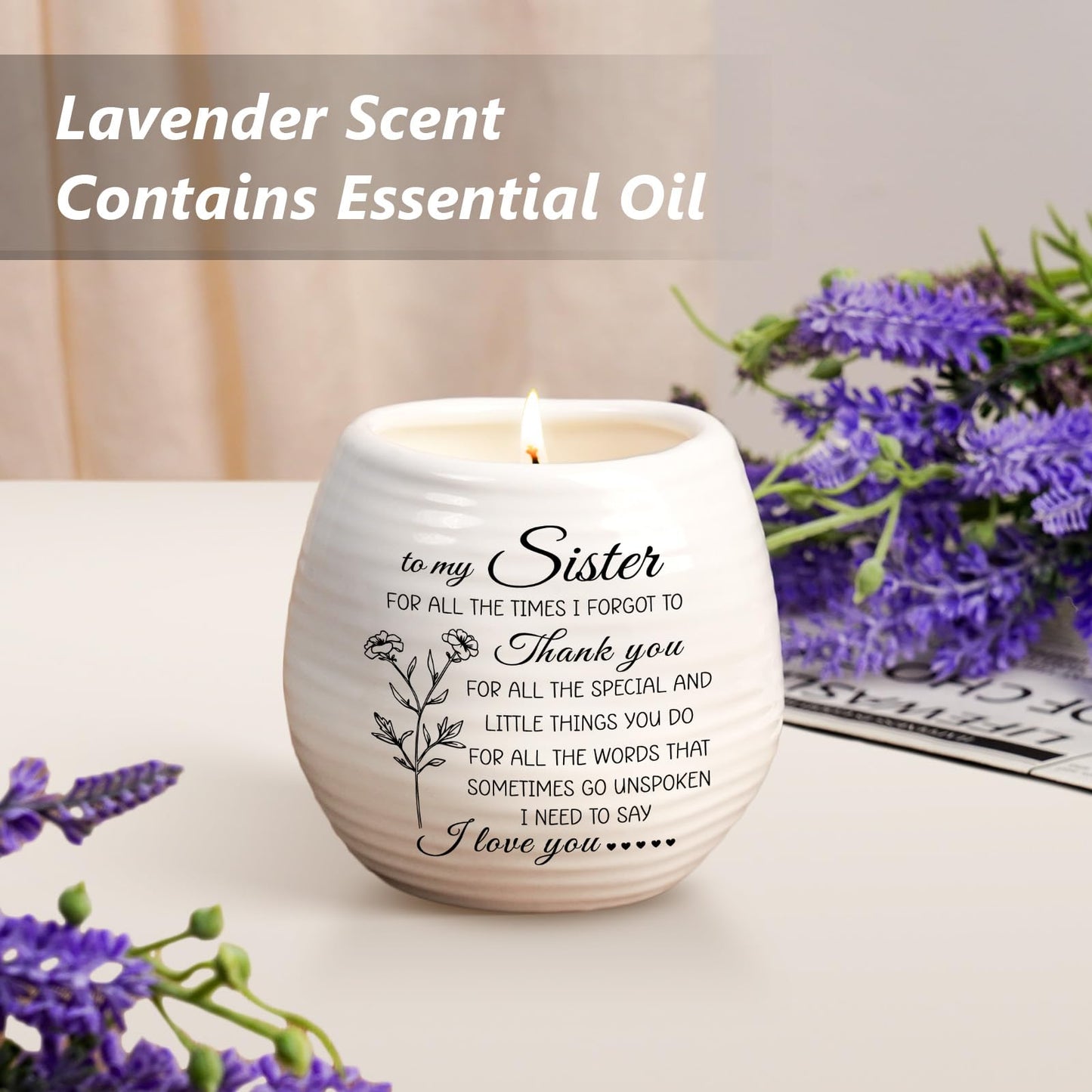 Sisters Birthday Gifts from Sister Brother, Sisters Candle 10Oz Sister Mothers Day Birthday Gifts, Thanksgiving, Thank You Gift, Soy Wax Lavender Scented Candle in Ceramic Jar Handmade