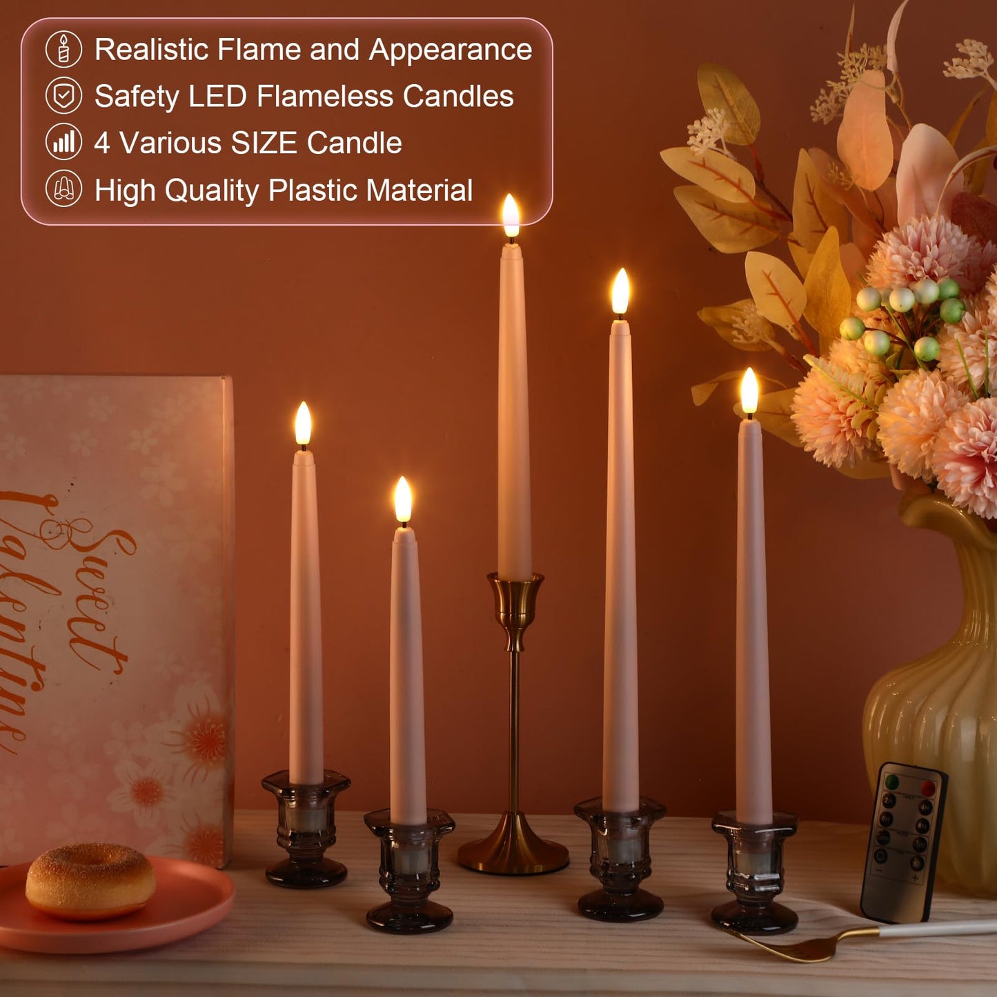 Rossesay 16 Pcs Pink Flameless Taper Candles Battery Operated Candles with Remote Timer 8.5" 9.6" 10.8" 12.8" Multiple Sizes Pink LED Flickering Candlestick for Wedding Centerpieces Party Decor