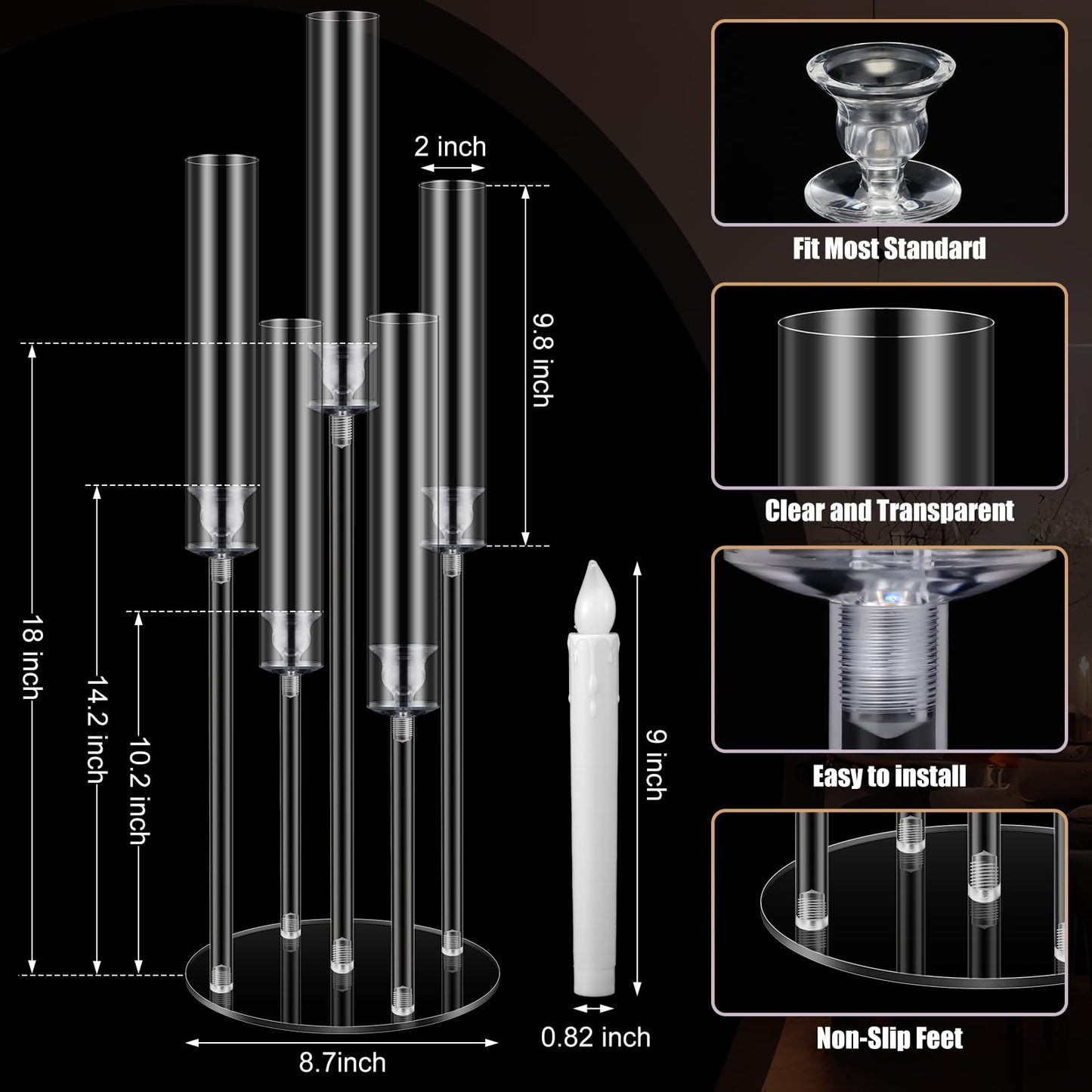 FoldTier 8 Sets 5 Arm Acrylic Candelabra Holder for Wedding Table Centerpiece 27inch Tall Floor Clear Candle Centerpieces with LED Candles and Shade for Proposal Ceremony Birthday Party Home Decor