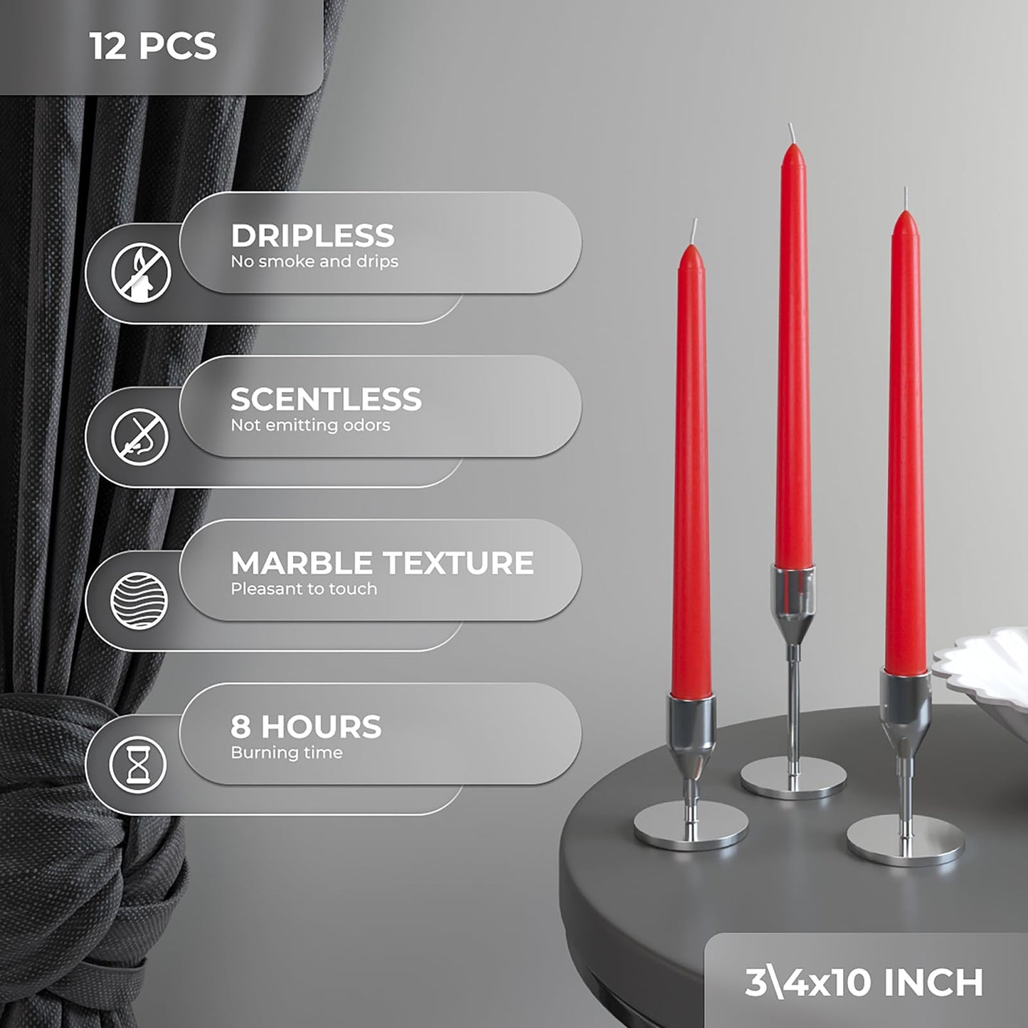 CANDWAX 10 inch Red Taper Candles Set of 12 - Dripless and Long Burning Candlesticks - Perfect as 10 inch Taper Candlesticks for Dinner or Holiday Home Decor - Red Candle Sticks