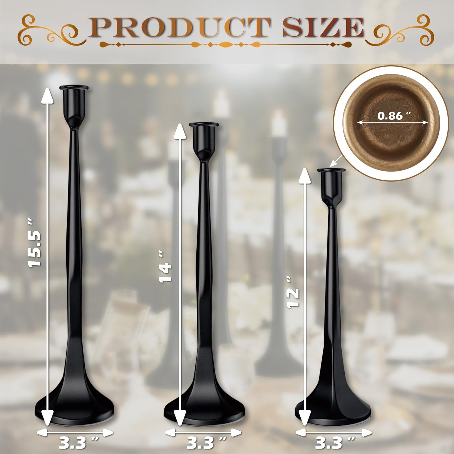 LAJIAOZ Antique Iron Taper Candle Holder Set of 3, Decorative Candlestick Holders for Dining Table, Wedding Centerpiece, Farmhouse & Modern Home Decor, Metal Candle Stands(12" 14" 15.5")(Black)