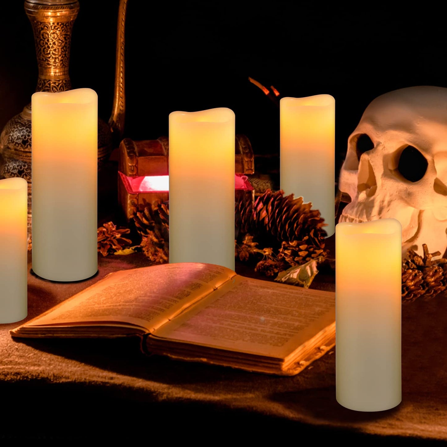 Biyanuo Flameless Battery Operated Led Candles-Set of 9(H 4" 5" 6" 7" 8" 9" x D 2.2") Real Wax Flickering Pillar LED Electric Candles with 10-Key Remote and 24 Hours Timer Ivory