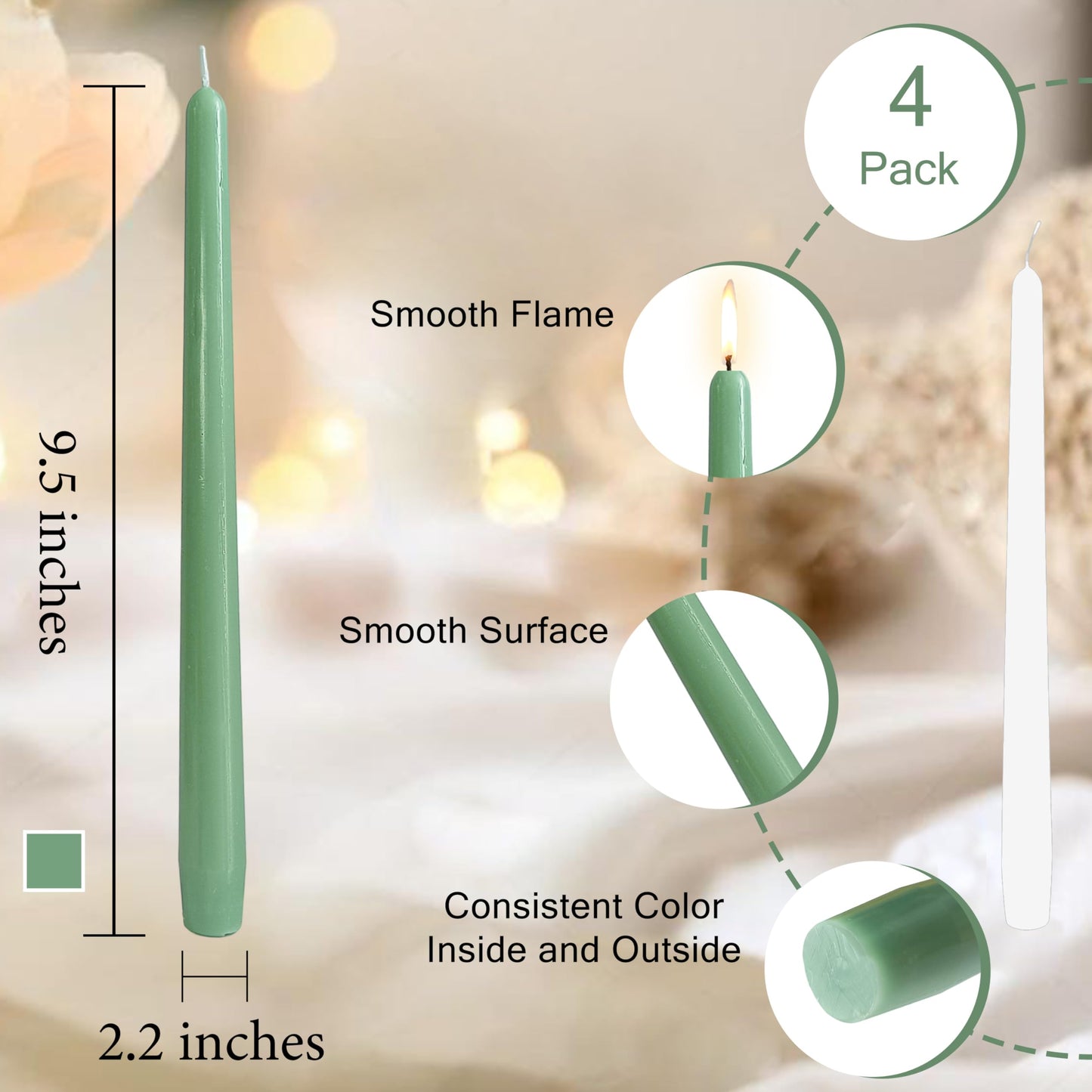 10 Inch Rustic-Chic Sage Green Taper Candles Unscented Smokeless Sage Green Taper Candles Handmade Perfect for Weddings Dinner Parties Home Décor Farmhouse & Boho Style