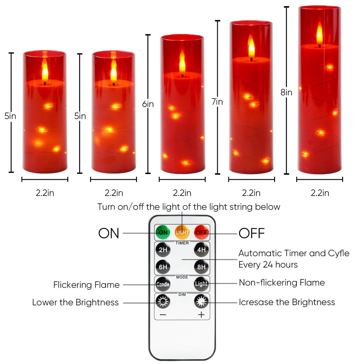 Homemory Acrylic Flameless Candles with Embedded Star String Fairy Lights, Battery Operated, LED Candles, Fake Candles with Remote Control and Timer, Red, Set of 5