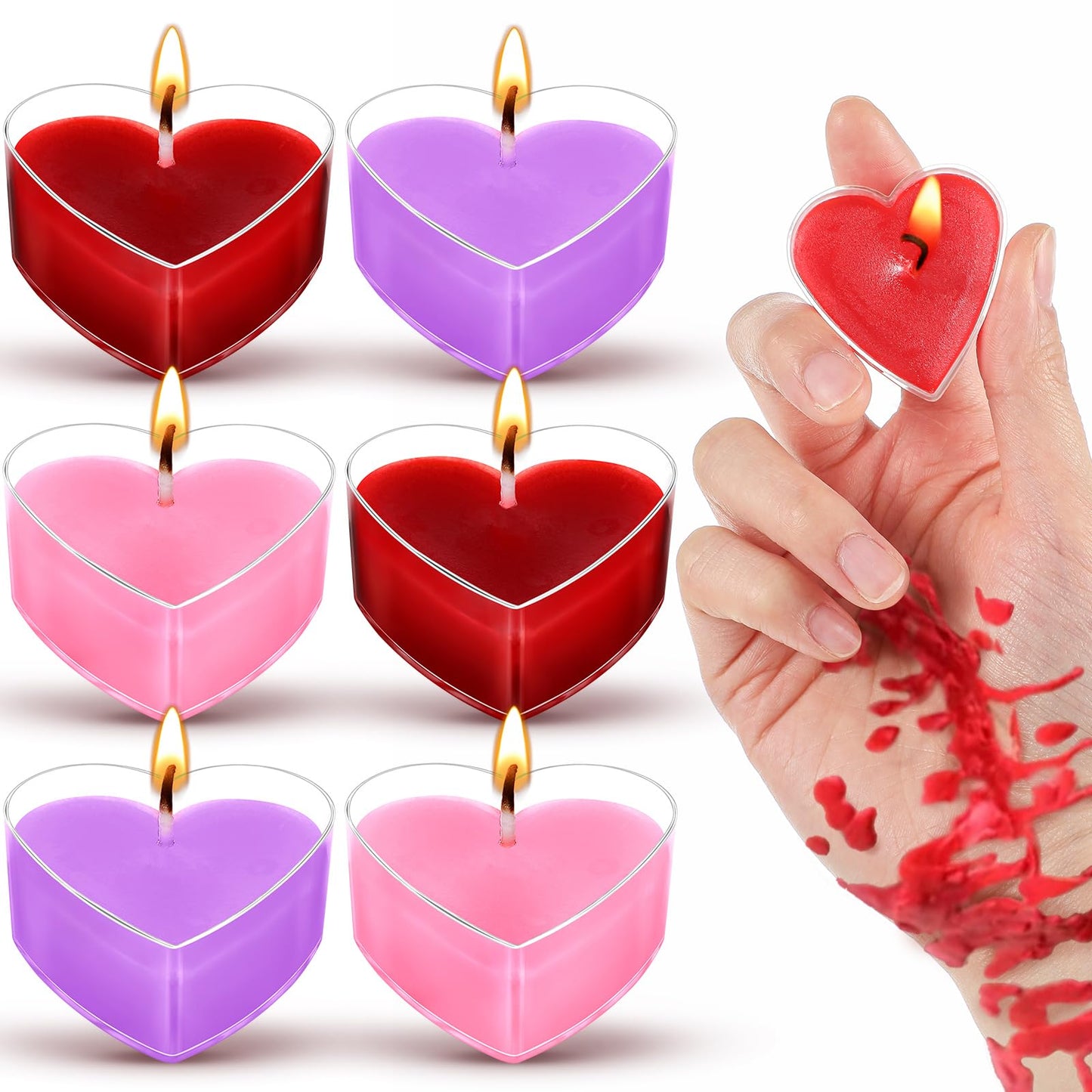 Tisancy 6 Pcs Low Temperature Candles, Romantic Valentine's Day Gifts Candles, Body Safe Wax Low Heat Dripping Play Smokeless Unscented Tea Lights for Valentine's Day (Mixing Colors, Heart)