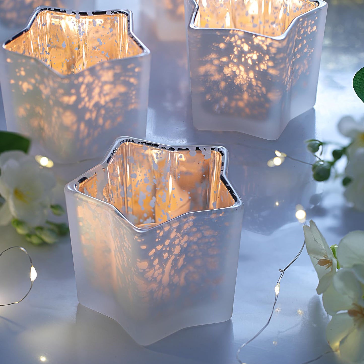 Letine 8pc Frosted White Star Tea Light Candle Holders - Mercury Glass Votive Holders for Wedding, Diwali, Fall & Holiday Decor - Elegant Starlight Vessels (2.44" Height, 1.45" Base)