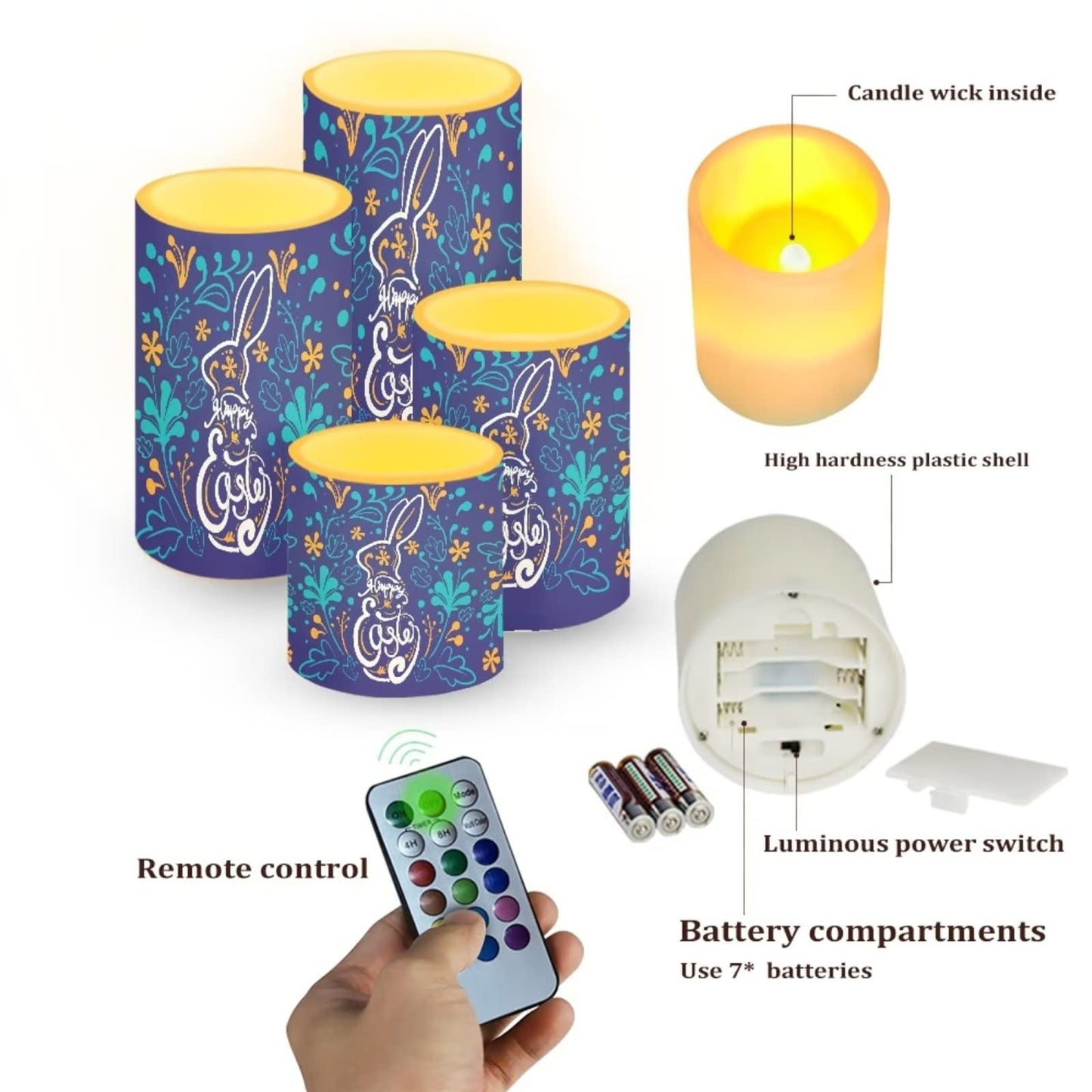 Cozeyat 4 Pieces Easter Flickering LED Candles Decor,Tea Lights Battery Operated,Rabbit Pattern Realisitc Warm Yellow Tealights with Remote Timers for Birthday Party Wedding