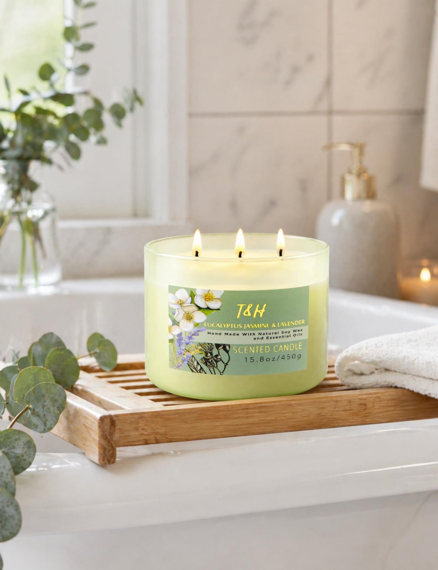 Eucalyptus Jasmine Lavender Scented Candle | 3 Wick Large Soy Candle for Home 15.8oz | Relaxing Aromatherapy Spa Candle | Strong Scent, Long Lasting, Clean Burn | Stress Relief Gift for Women & Men