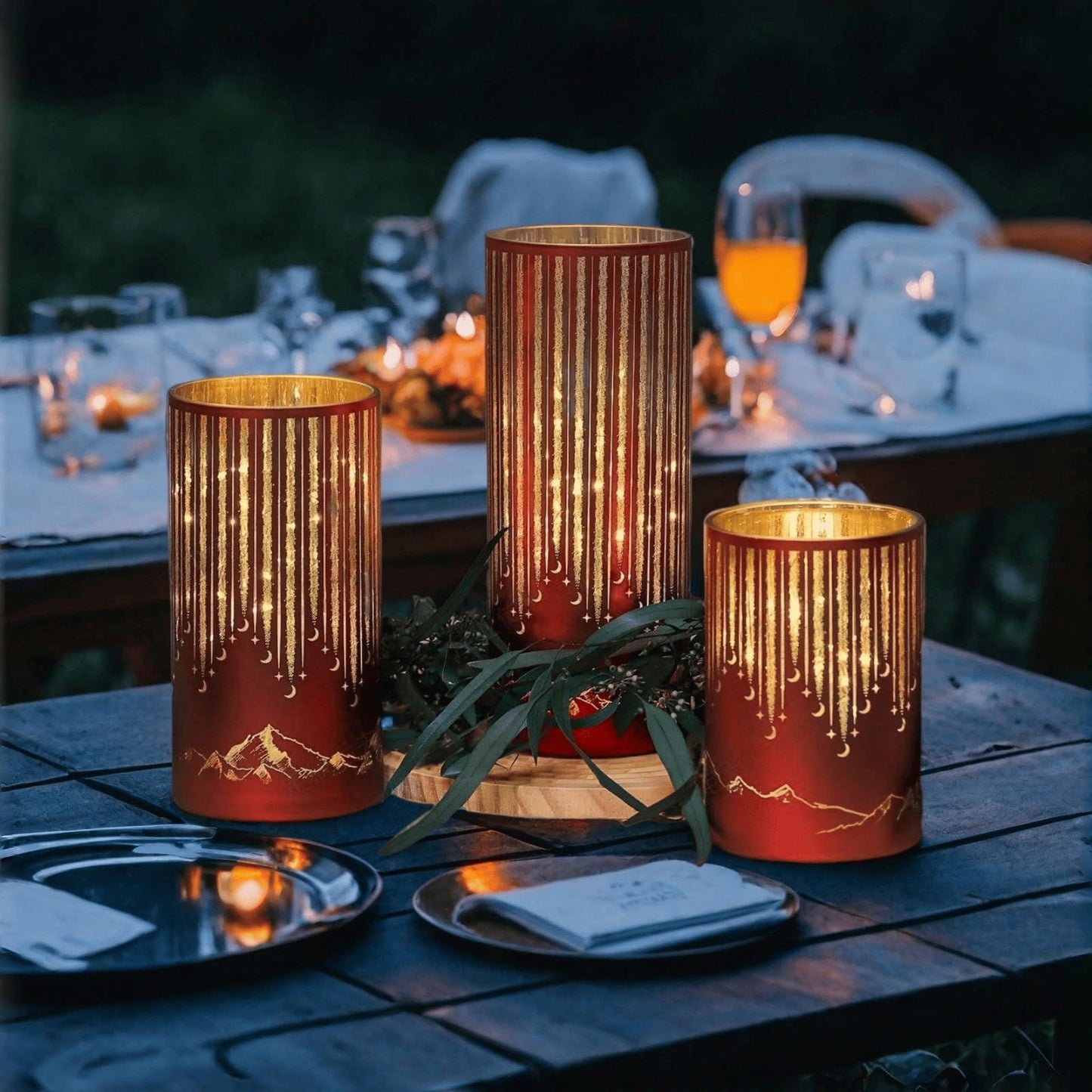 Ashroder Starry Night Elegant Hurricane Candleholders with LED Flickering Lights & Remote Timer, Decorative Glass Hurricanes for Indoor Table Centerpieces & Year-Round Home Decor, Set of 3 (Red)