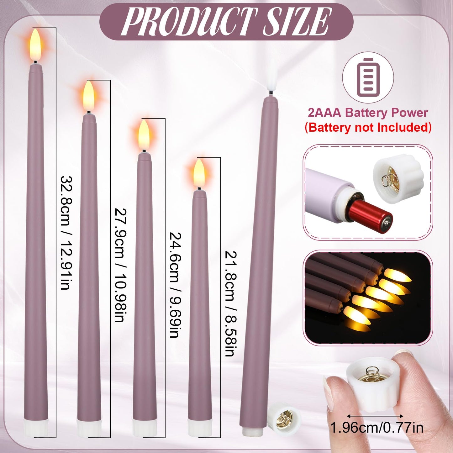 Rossesay 24 Pcs Flameless LED Taper Candles Battery Operated Candle 8.5", 9.65", 10.8", 12.8" Flameless Candlesticks Flickering for Christmas Church Wedding Indoor Decoration(Classic, Purple)