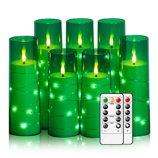 Eebuss Flameless Candles with Embedded Star String, Battery Operated LED Pillar Candles with Timer and Remote Control,Home Decorating for Ambiance， Set of 7 (Green)