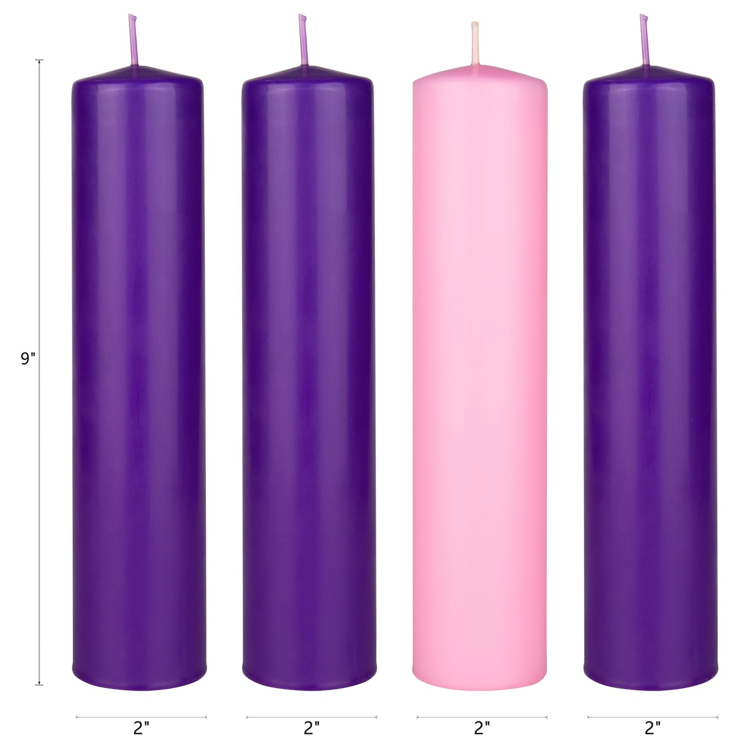 Mega Candles 4 pcs Unscented Christmas Advent Candles Set, Hand Poured Premium Wax Dome Top Round Pillar Candle 2 Inch x 9 Inch, Holidays, Festivities, Devotional, Church, Wreath, Party, Gifts