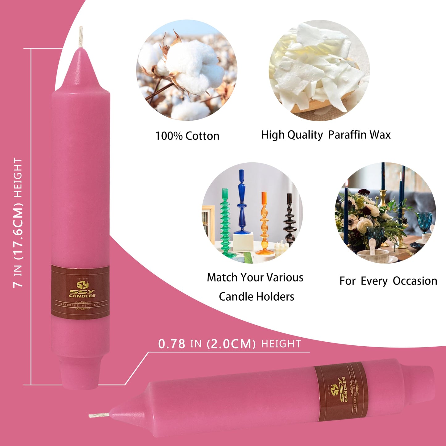 Short Taper Candles Set of 4 – 7 Inch Unscented Tapered Candles,Hot Pink Smokeless Candle Sticks Handmade Taper Candles for Wedding Home Decor Dinner
