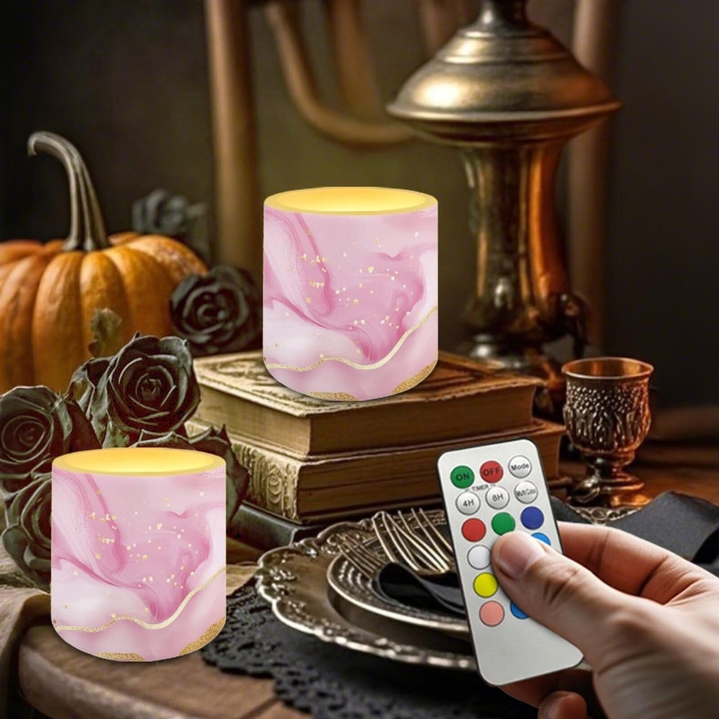 Cozeyat Blush Marble LED Candles Set of 4 Battery Powered Flameless with Remote Timer Dancing Flame Waterproof for Home Beach Table Decoration
