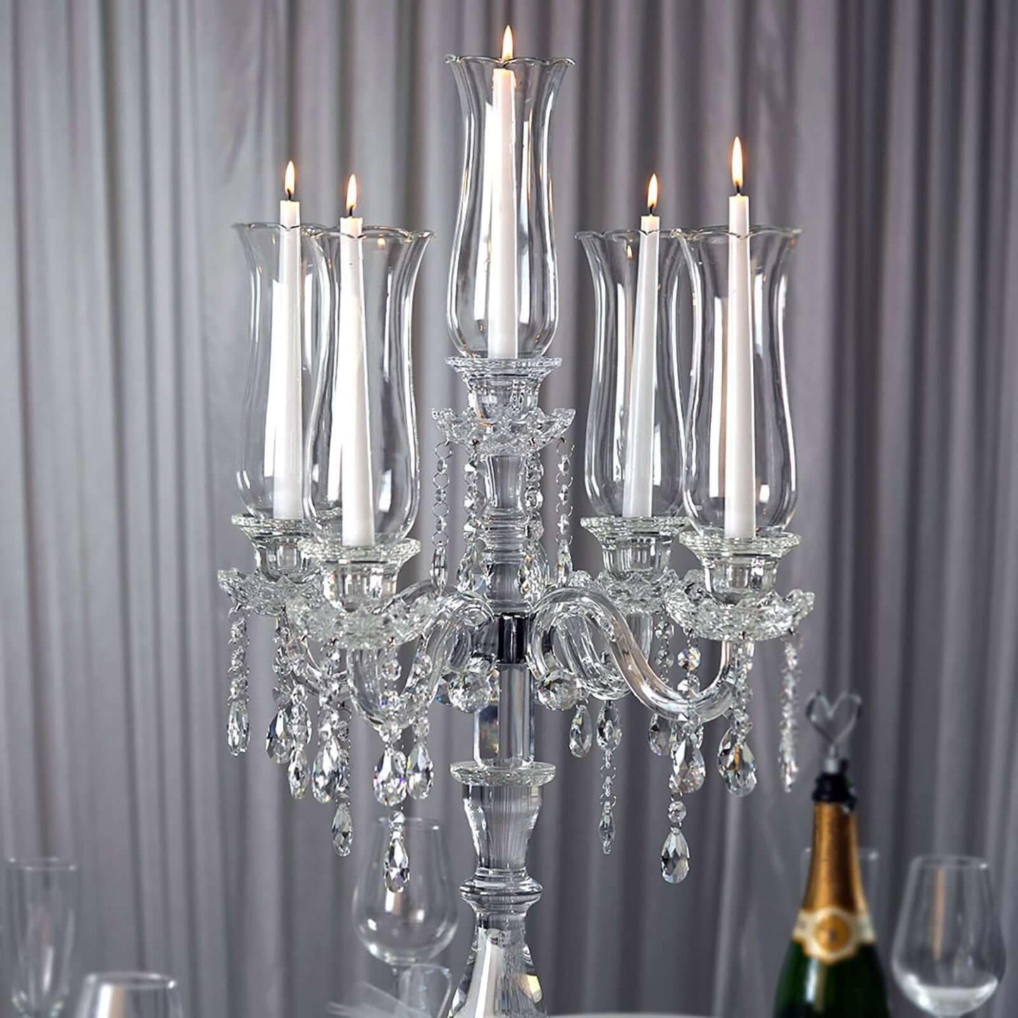 Efavormart 5 Arm Premium Crystal Glass Taper Candle Holder Candelabra with Chandelier Chains 32"