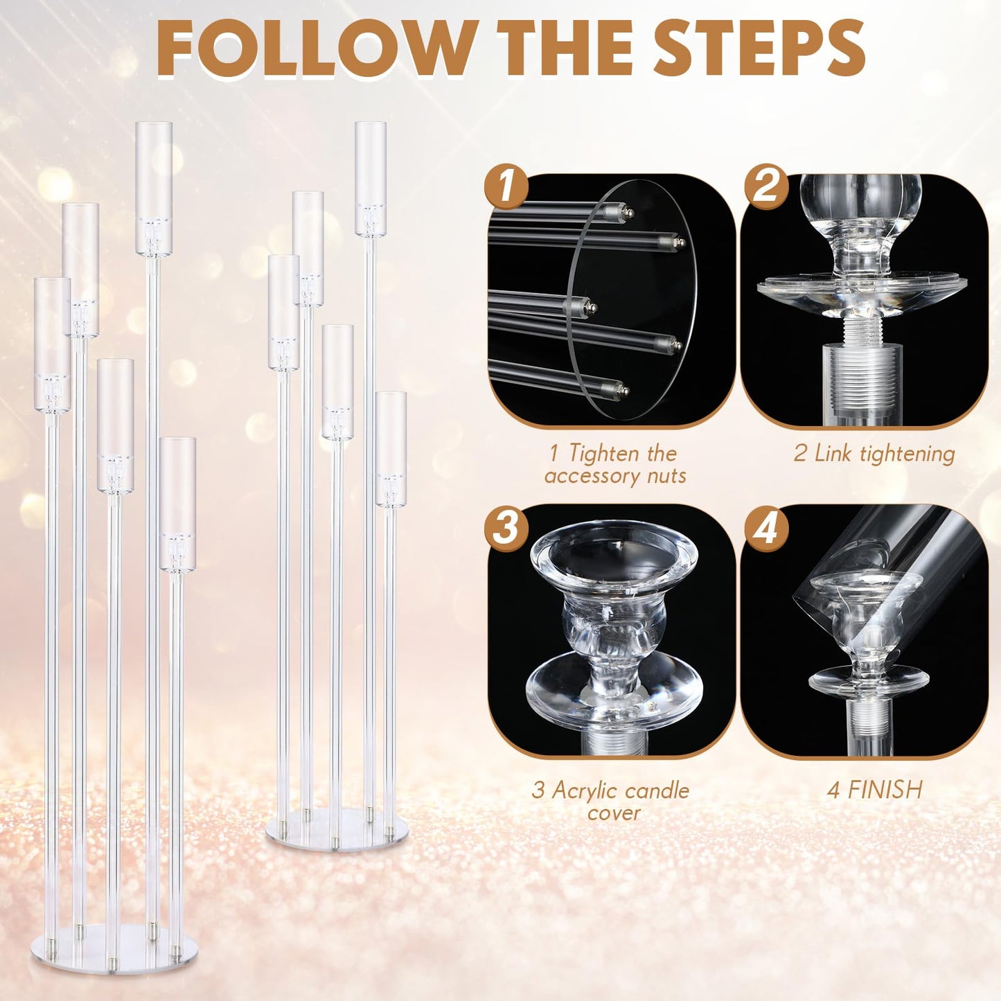 Vesici 2 Pcs 5 Arm 46.4 x 8.7 Inch Acrylic Candelabra Centerpieces for Wedding Table Clear Tall Candlesticks Holder Large Acrylic Candle Holder for Ceremony Floor Home Dinner Party, Fit 0.8 LED Candle