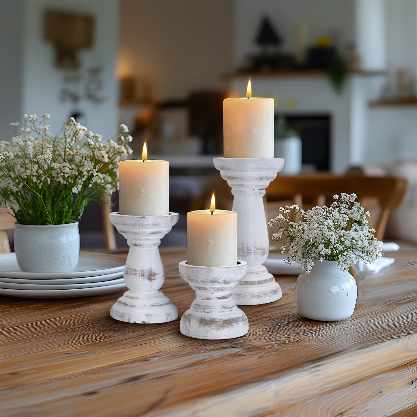 Candle Holder for Pillar Candle Set of 3, Farmhouse Wood Candle Holder, Rustic Wooden Candle Stand, Decorative Wood Candlestick Holders for Living Room, Table Centerpiece (RusticWhite)