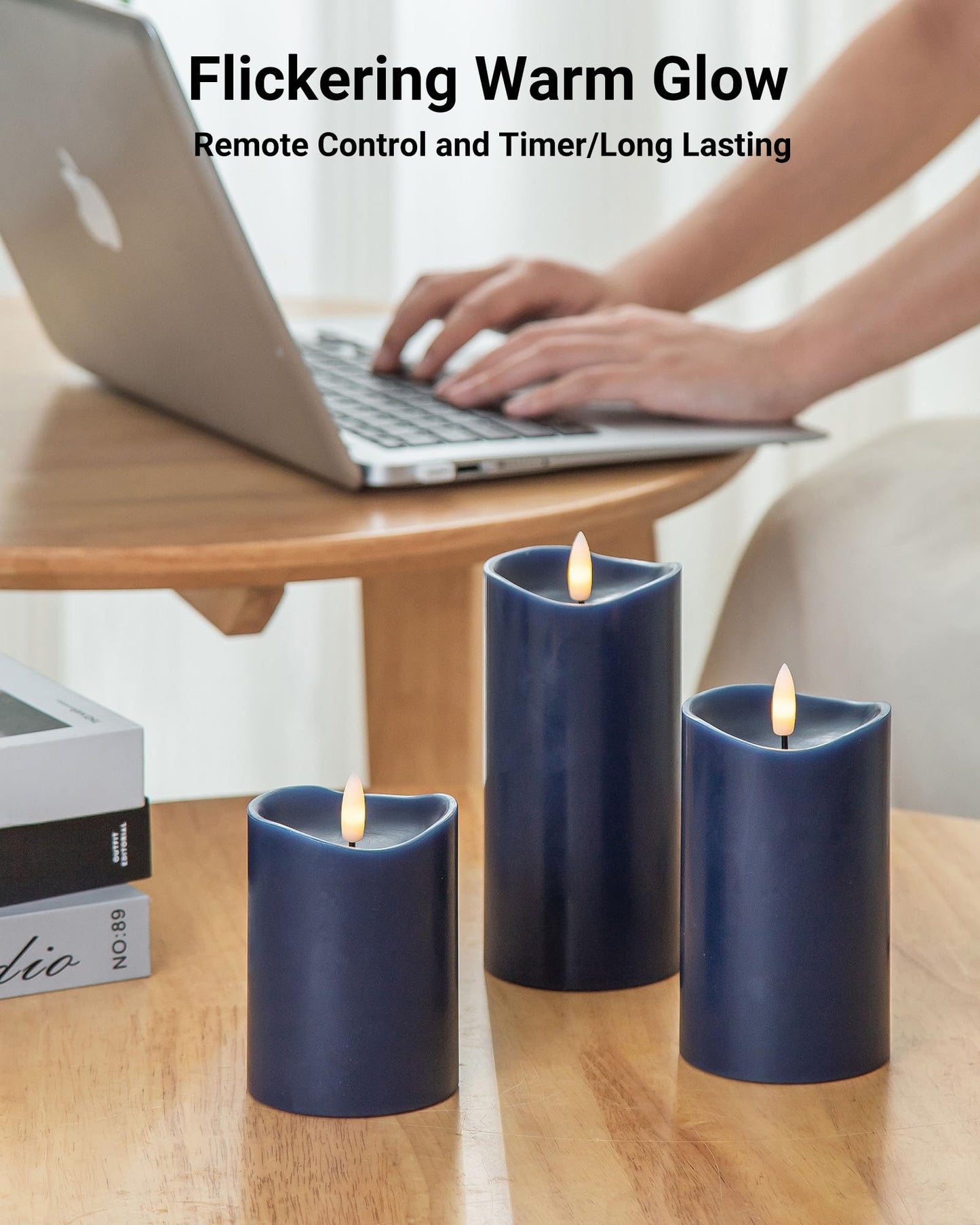 Velsyn Navy Blue Flameless Candles with Remote and Timer, Real Wax Made LED Pillar Candles Battery Operated with 3D Flickering Flame Melted Top, 3" x 4",5",6", Navy Blue Decor, Set of 3