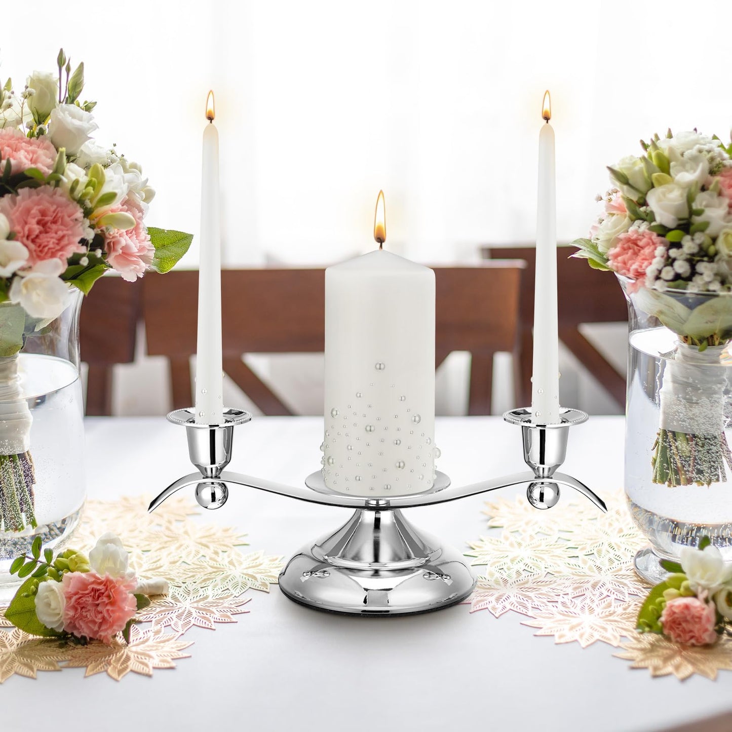Irenare Unity Candles with Holder for Wedding Ceremony Wedding Decortions Accessories Glass Candle Holder Pillar Candle for Formal Events Church(Pearl)