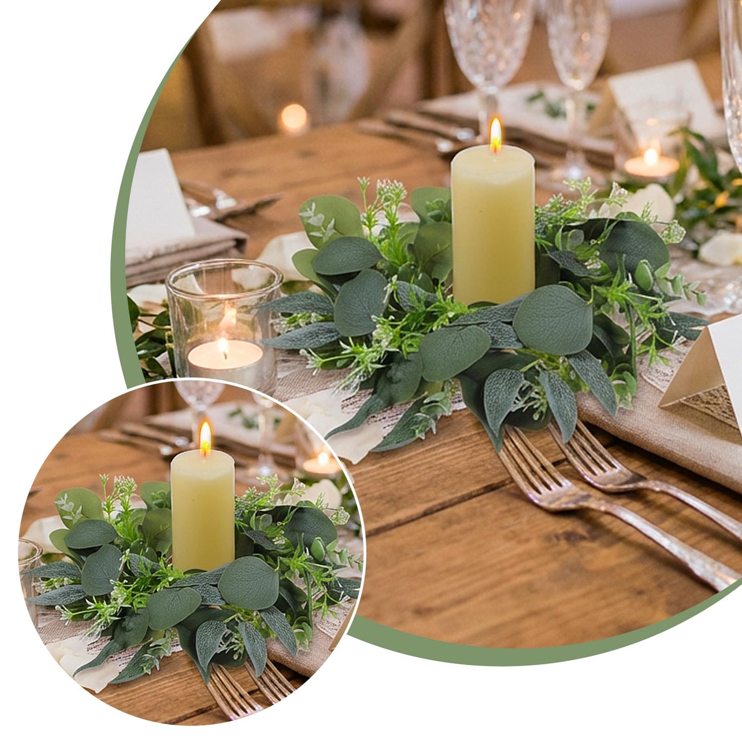 4 Pcs Eucalyptus Candle Rings Wreaths 4 Inch Center Mini Artificial Green Floral Leaves Wreaths Pillar Holder Centerpiece for Wedding Party Home Door Window Wall Farmhouse Decoration