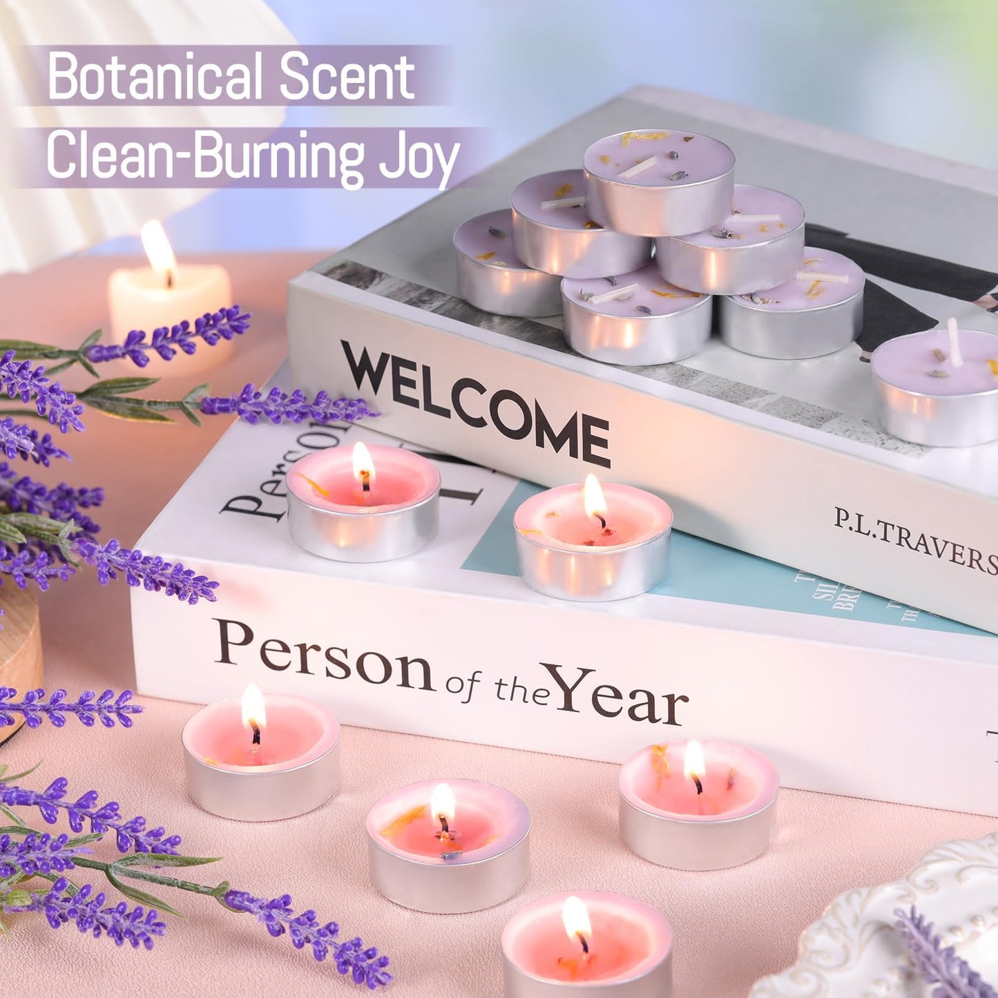 HAVITI 15 Pcs Lavender Scented Tealight Candles, Tea Lights Candles, 4H Smokeless Palm Wax Purple Tea Candle for Weddings,Christmas,Spa, Bath