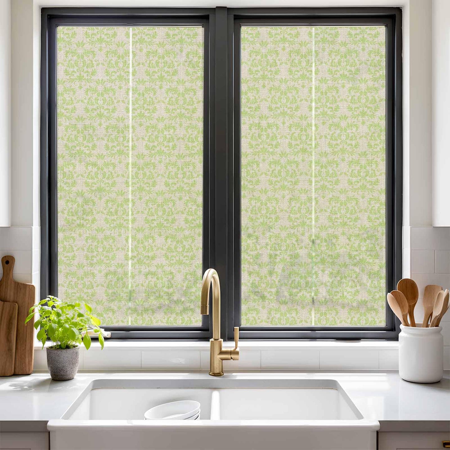 Vintage Green Privacy Window Film, Baroque Textures Abstract Flower Linen Stained Glass Film Non-Adhesive Window Clings, UV Blocking Static Sticker Covering Reusable for Home 19.6x39.3in