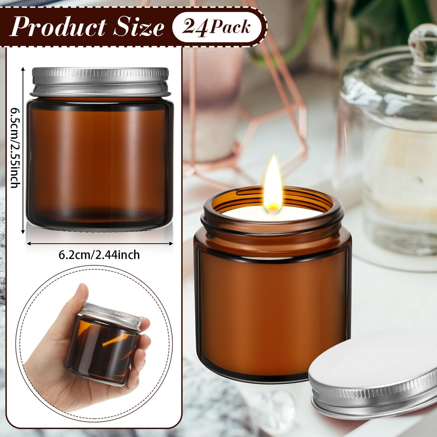 Zhehao 24 Pcs Glass Candle Jars with Lids Bulk, Round Empty Candle Container Tins, Dishwasher Safe and Leakproof DIY Crafts(Amber,Silver,4 oz)