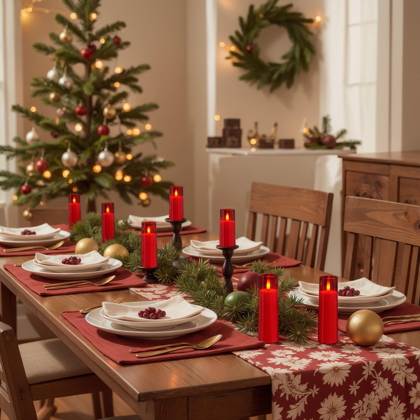 Homemory Decorative Flameless Candles, Battery Operated Candles with Remote & Timer, Flickering Led Pillar Candles, Plexiglass, Red, Pack of 9, D2.2 xH 5" 6" 7"