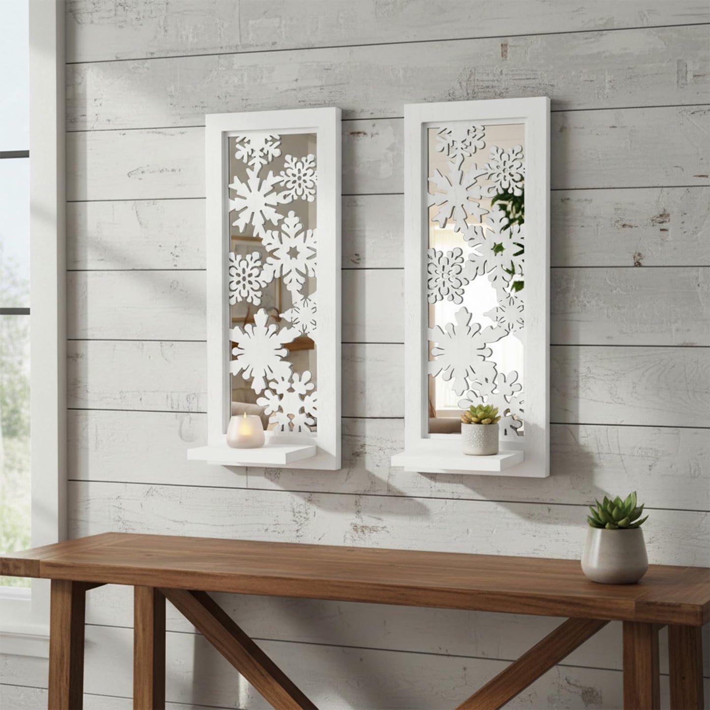 ZEXUIRU 2 Set Rustic Candle Sconces Living Room Bedroom Entryway Wood Mirrored, Farmhouse, Carved Frame Wall-Mount Wooden Candle Holders Wall Decor Hanging Handmade Holder - Distressed White