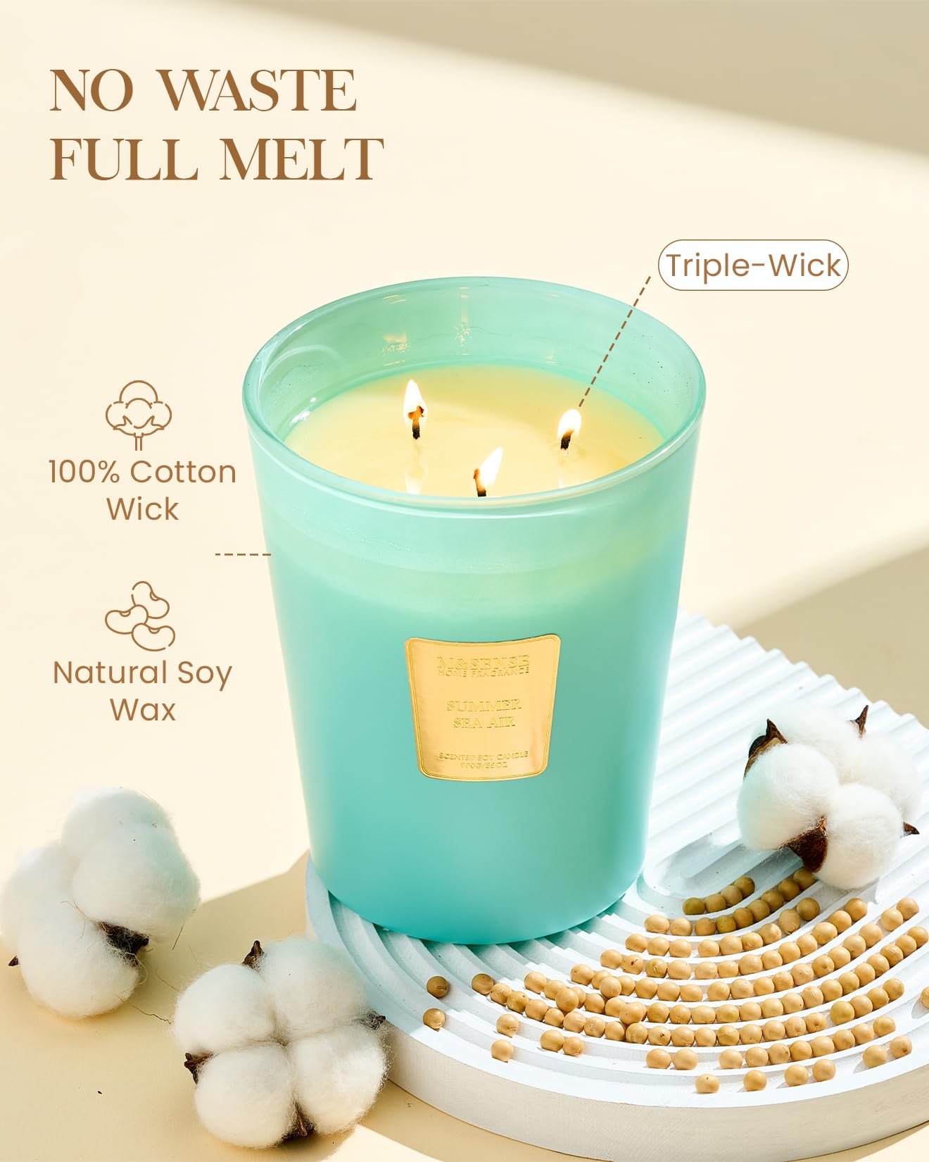 M&SENSE Summer Sea Air Scented Candle, 35oz 3 Wick Extra Large Natural Soy Wax Candles 150 Hours Long Lasting Slow Burning, Candles Gift for Summer Home Decor