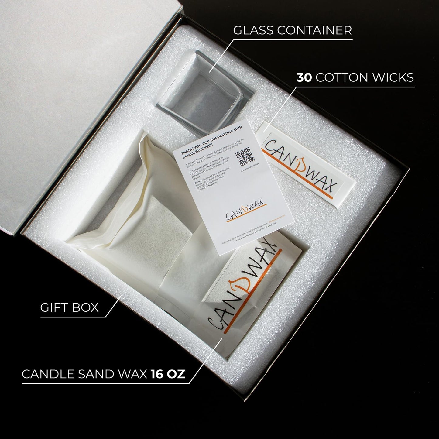 CANDWAX Pearled Candle Wax Sand 16 Oz (450g) - Unscented Plant-Based Smokeless Dripless Gift Powder for Candles - Refillable Candle Pearls with 30 Wicks and a Reusable Glass Container