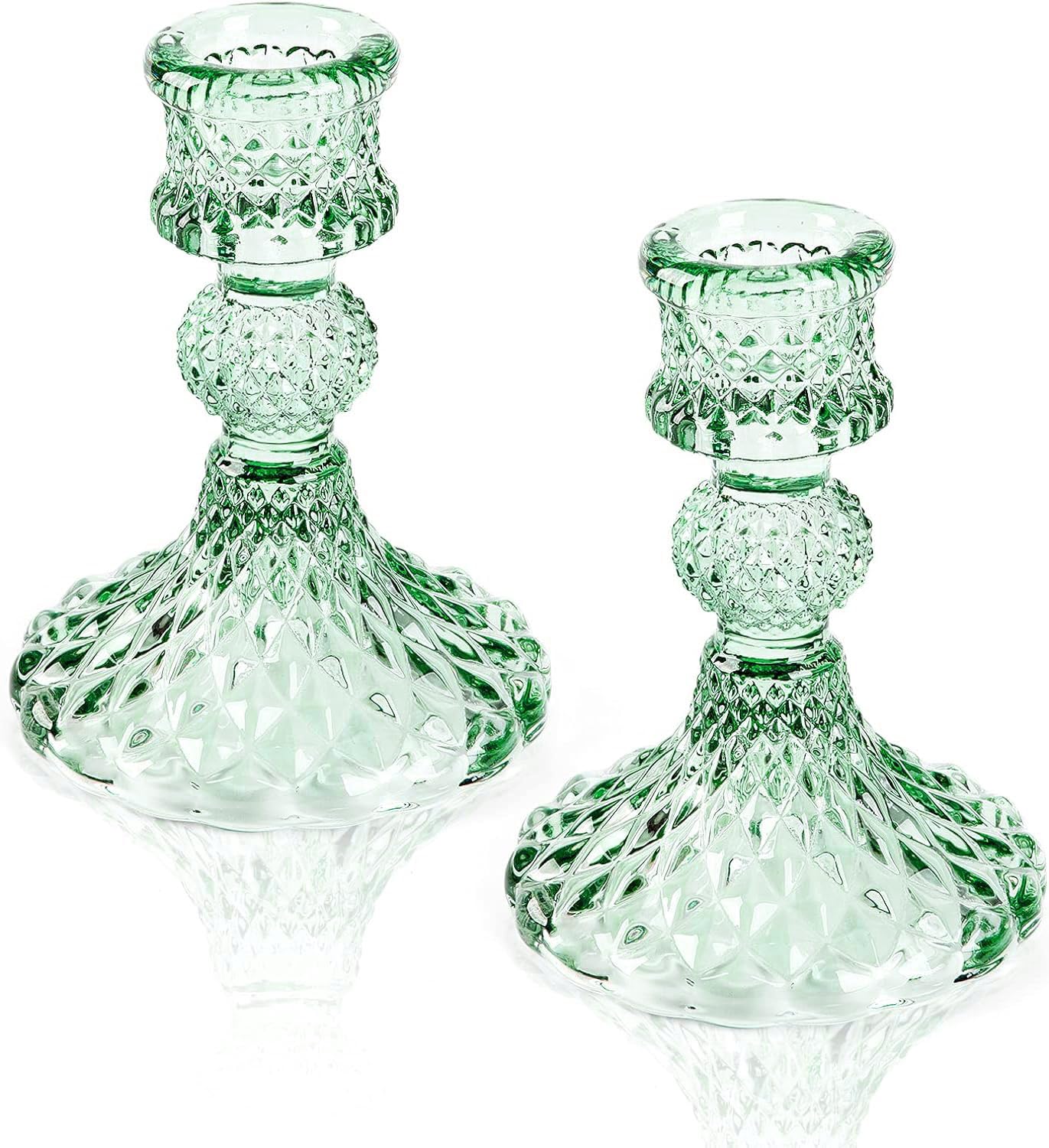Glass Candlestick Holder Taper and Pillar Candle Holder, Desktop Decoration for Wedding Dinning Party-3 pcs(Green)