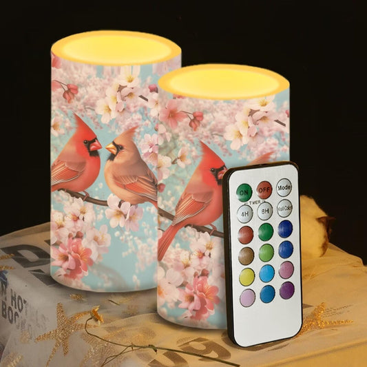 Luarisgur Cardinal Flower Flameless Candles 2 Pack 6 x 3 inch Battery Operated Candles with Multicolor Timer Remote Control LED Fake Candles for Warm Light Dinner Table Home Decor