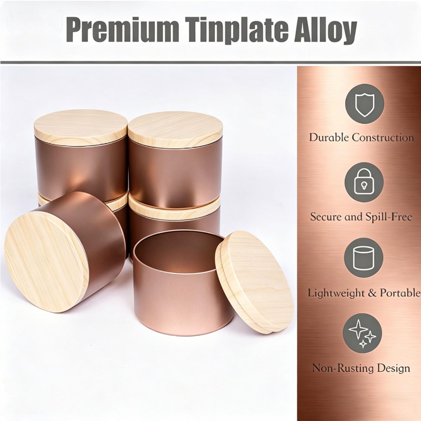 Hiztghc 24-Pack 8oz Cylinder Candle Tins with Wood-Grain Lids Multi-Purpose Containers for Storage,Aromatherapy Candle Making, Small Plants, Holiday Gifts & Arts & Crafts (Rose Gold)