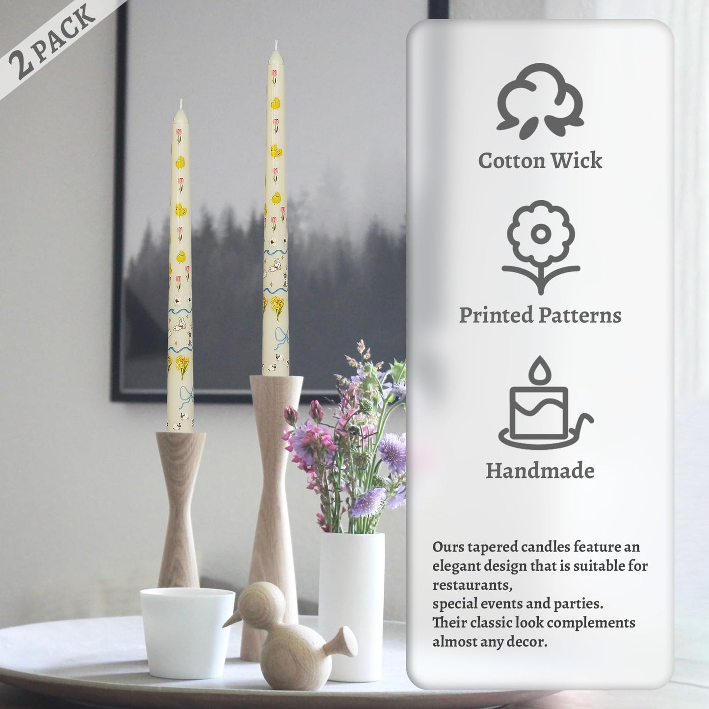 Floral Taper Candles 10 Inch Tall Unscented Handmade Beige Rabbit Print Long Burning Elegant Candlesticks for Wedding Dinner Home Decor