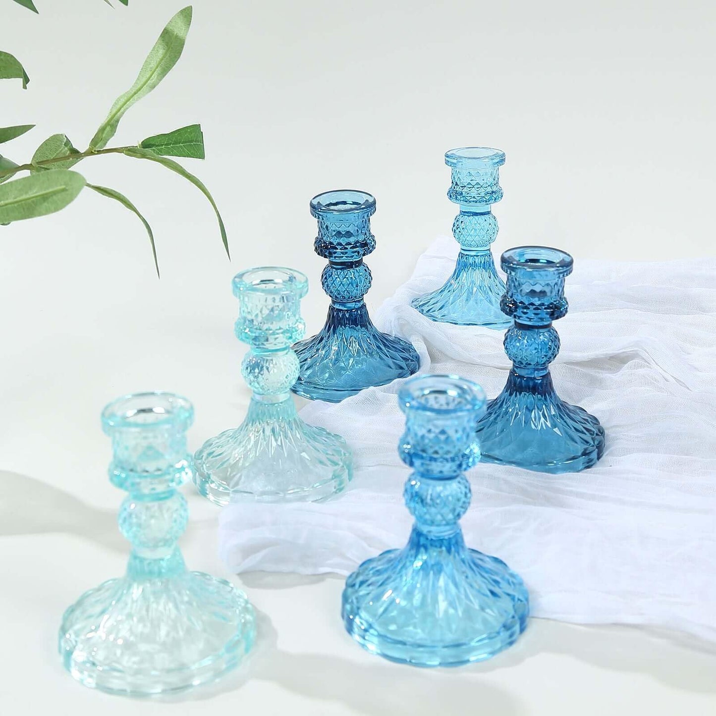 Efavormart 6 Pack Assorted Blue Glass Taper Candlestick Holders with Diamond Pattern, Reversible Crystal Pillar Votive Candle Stands - 4"