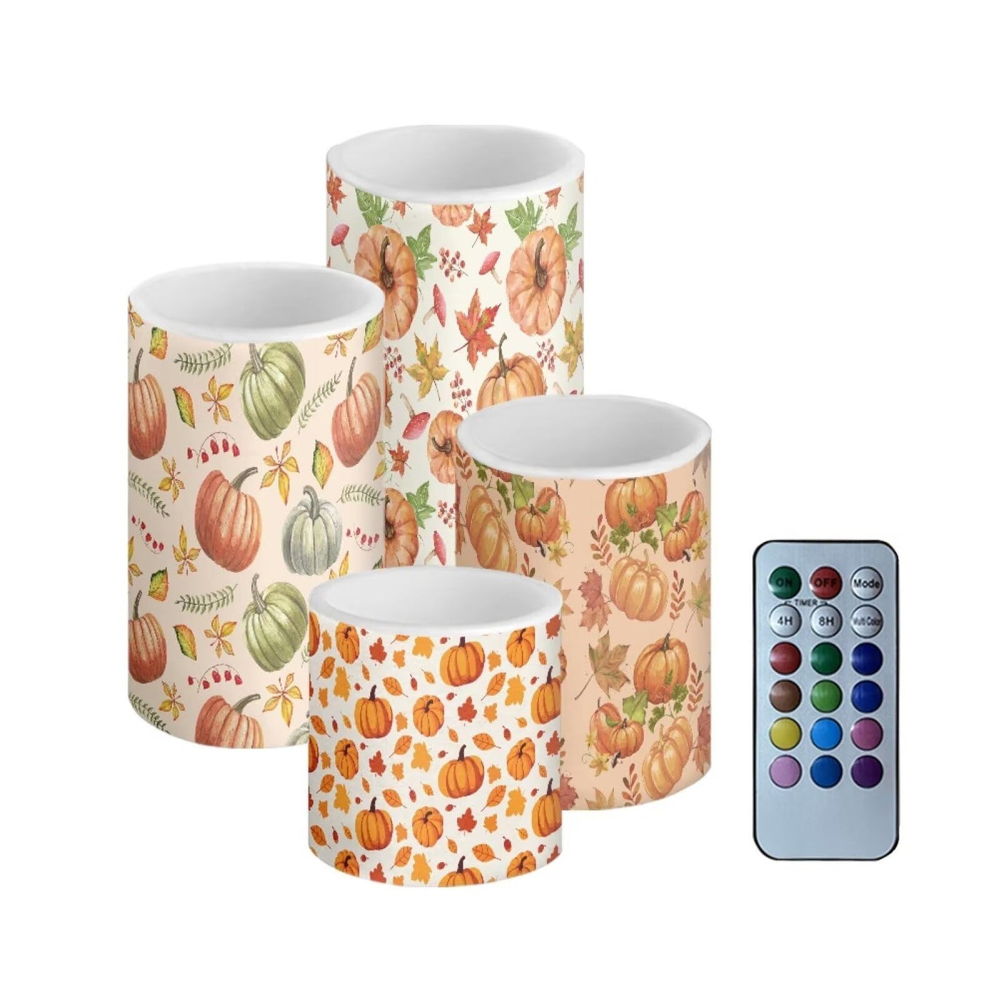 NETILGEN Thanksgiving Day Decor Flameless Electric Candles LED Pillar Candles with Remote Timer Control for Home Decoration, 4 Pcs, Autumn Harvest Pumpkins Print