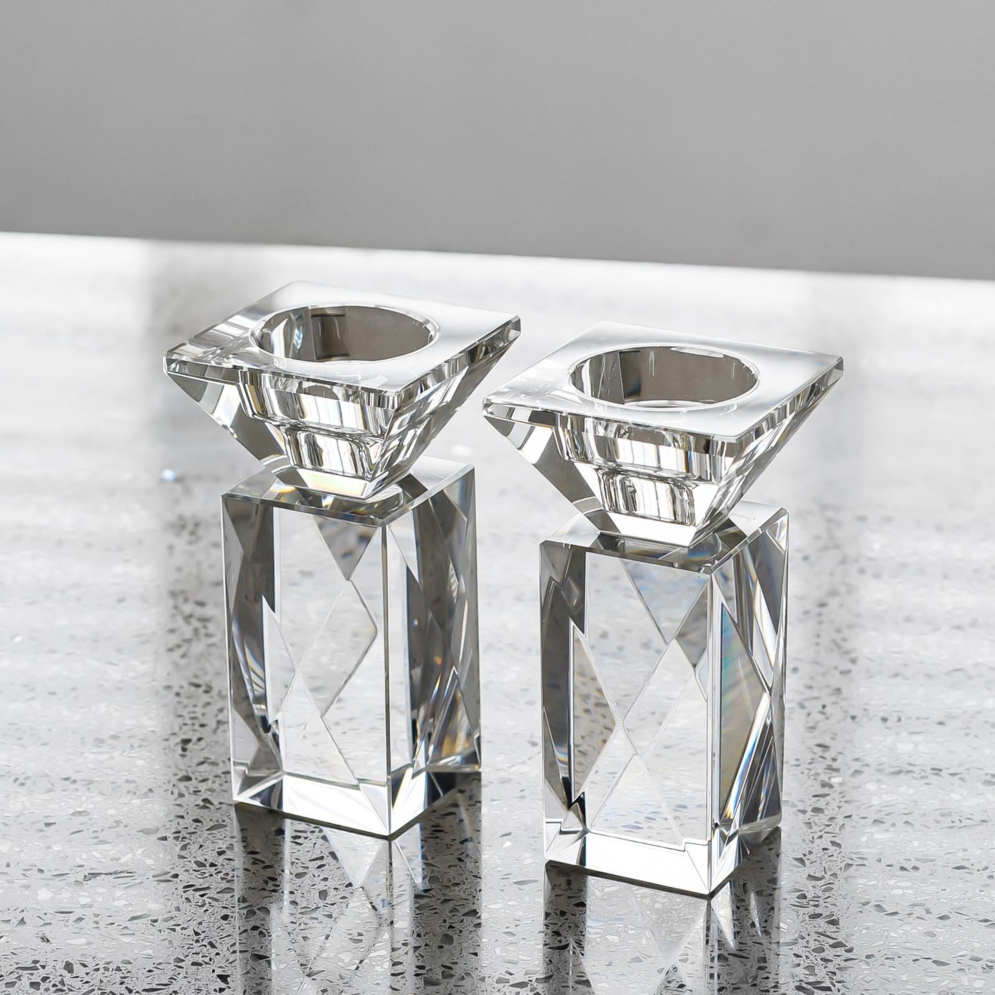 Crystal Candle Holders Set of 2, Clear Taper Candle Holder Decor, Table Centerpieces for Home Party and Wedding Decoration(4.5''Height)
