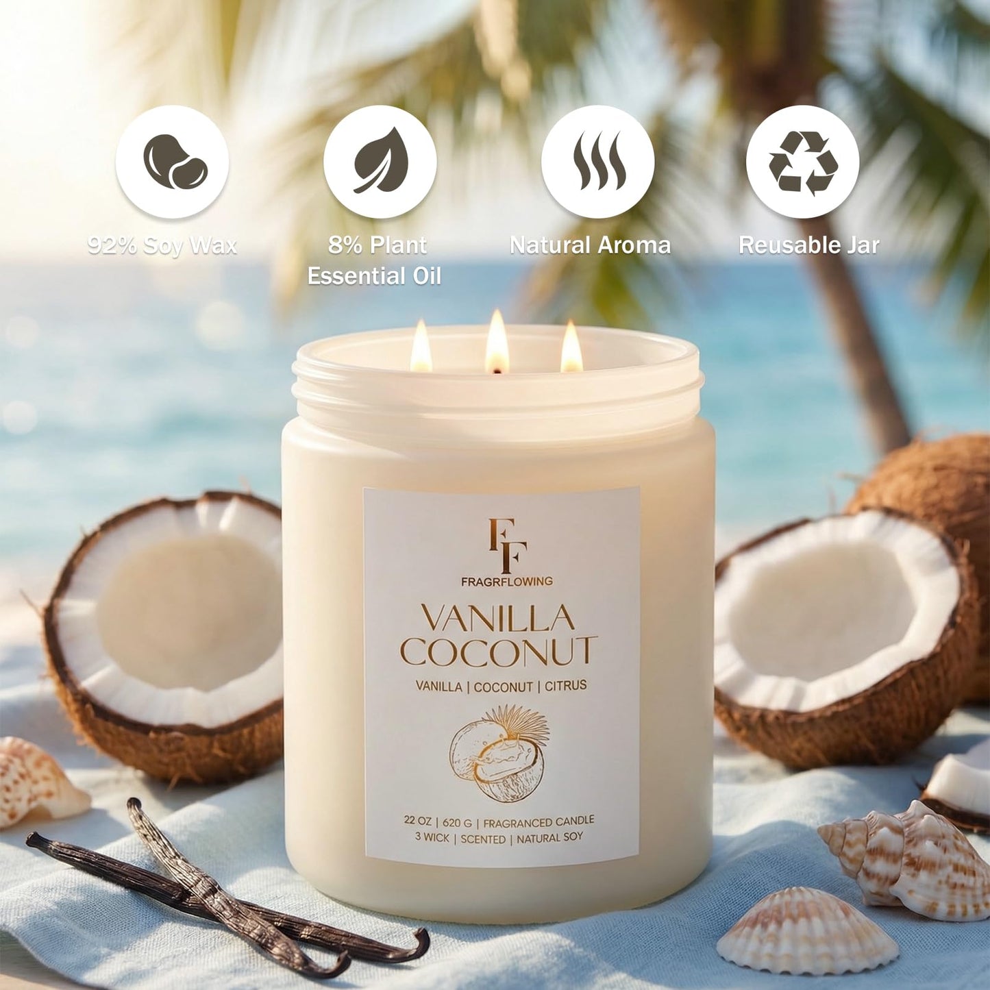 Vanilla Coconut Large Scented Candle, 3-Wick 22oz Long Lasting Scented Candle, Natural Soy Wax Aromatherapy Candle for Home, Candle Gifts for Women Men