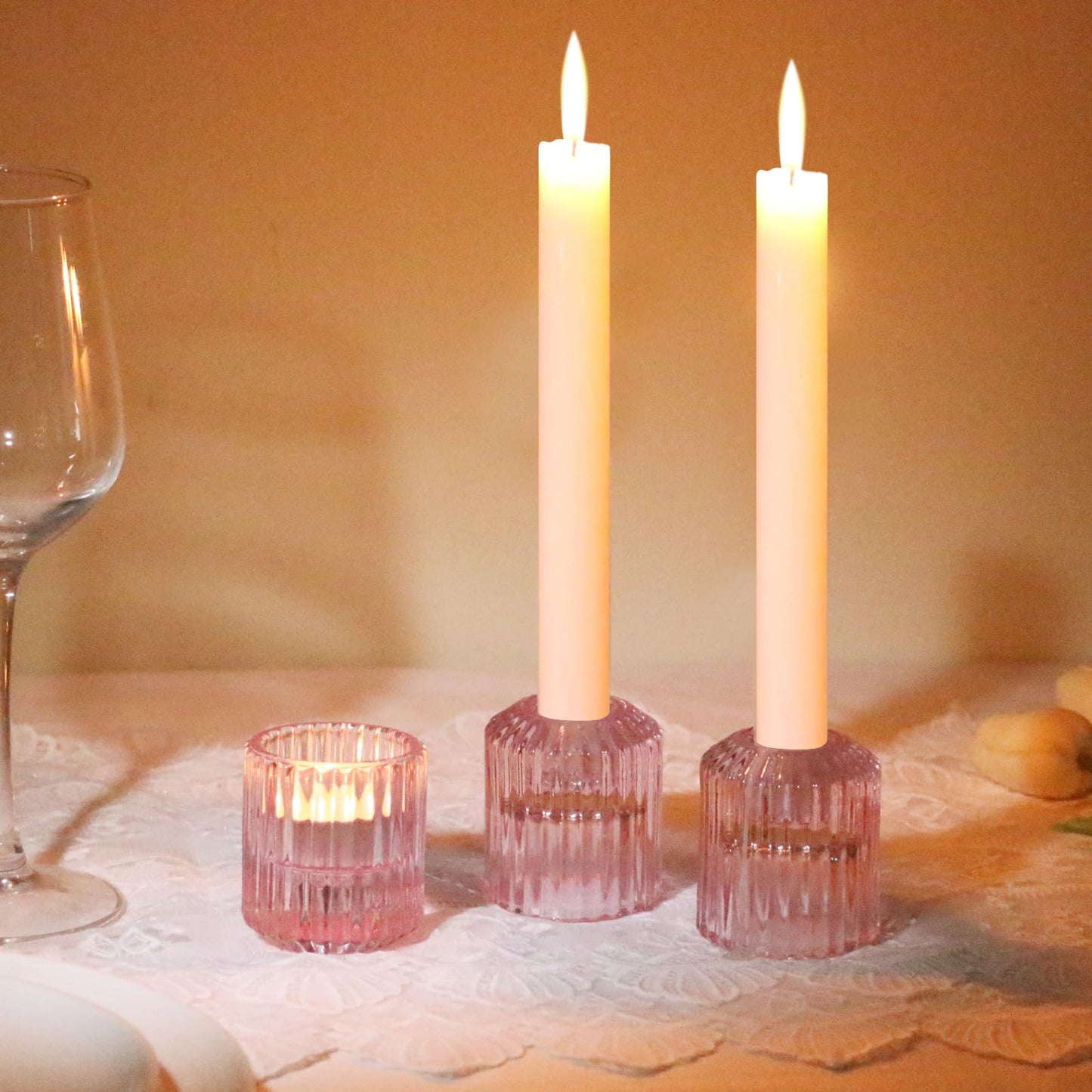 CHOCSTAY Reversible Pink Glass Candle Holder Set of 6, Thick Heat-Resistant Glass Candlestick Holders for Taper, Tealight, Votive, LED Candles, Perfect for Wedding, Party, Home Décor
