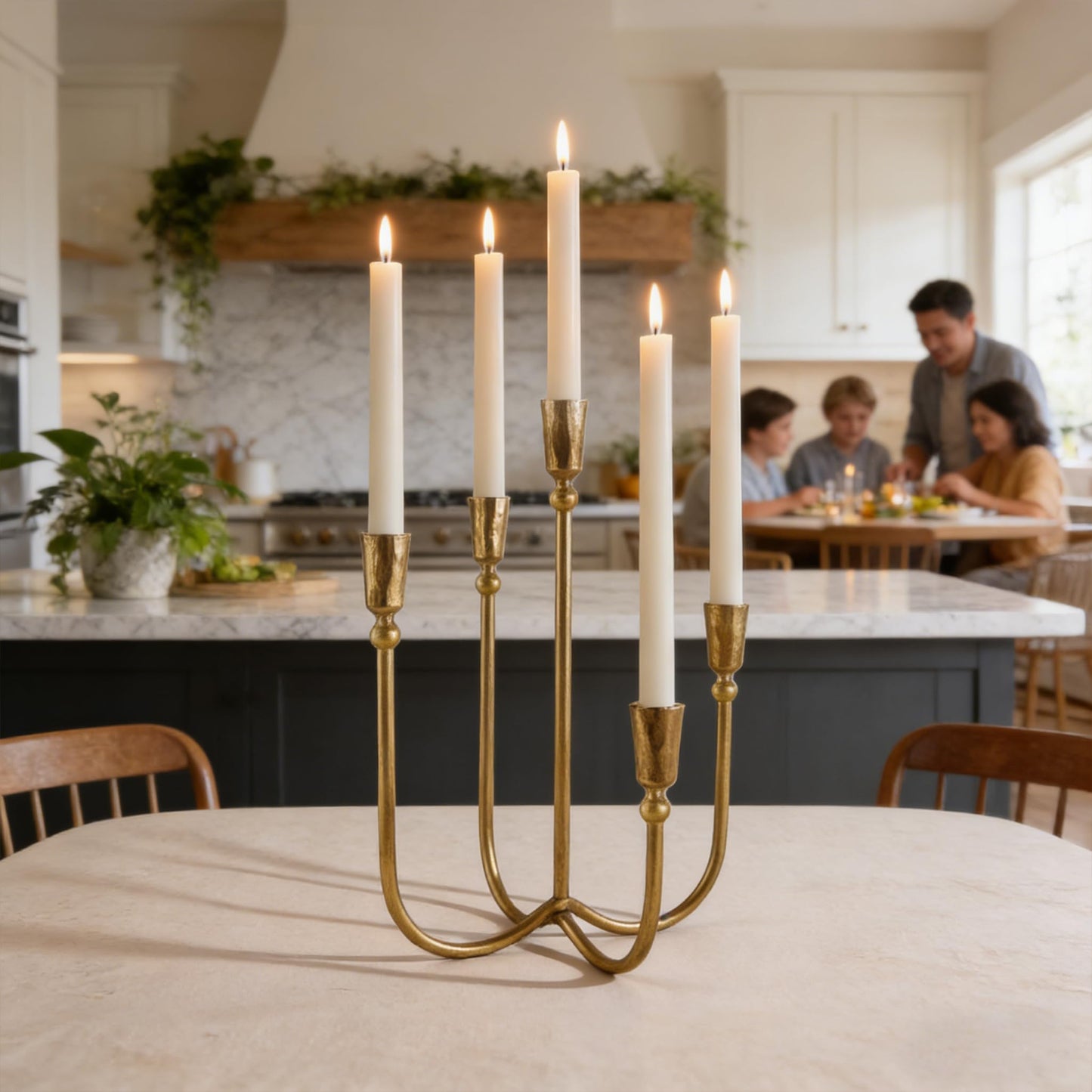 Cast Iron Candelabra 5-Taper Candle Holders, Candlestick Holders Tabletop Candles Stand, Decorative Table Centerpieces Mantel Decor, Antique Brass